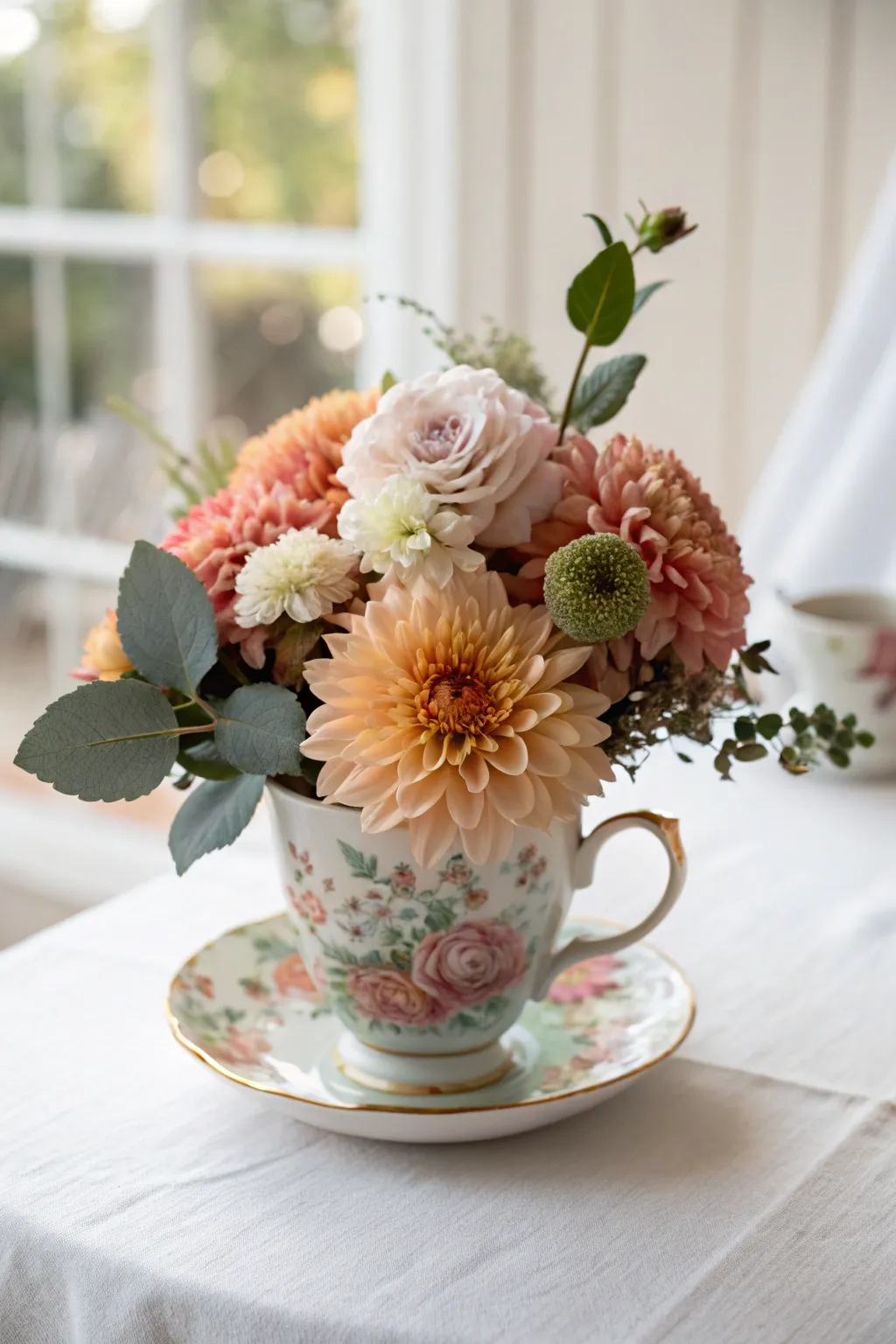 Transform vintage charm into a centerpiece masterpiece with this teacup floral arrangement. 🍂🌸