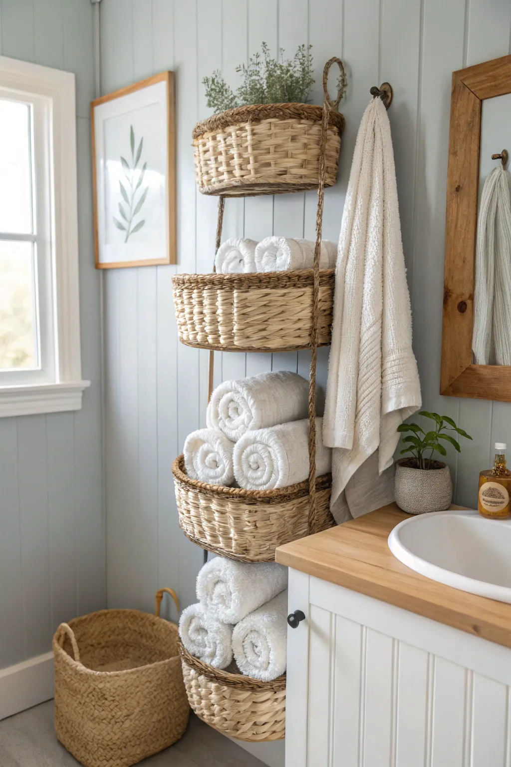 Elevate your bathroom decor with chic wall-mounted baskets for stylish towel storage.