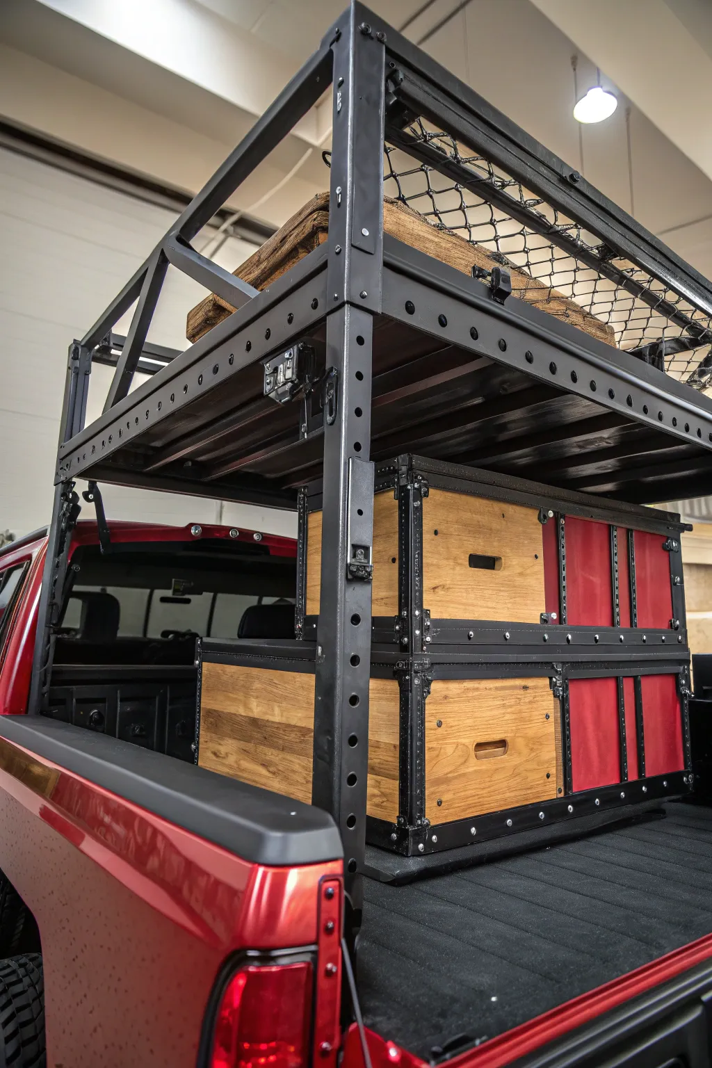 Elevate your storage game with this expertly crafted overhead rack—where functionality meets rugged style.