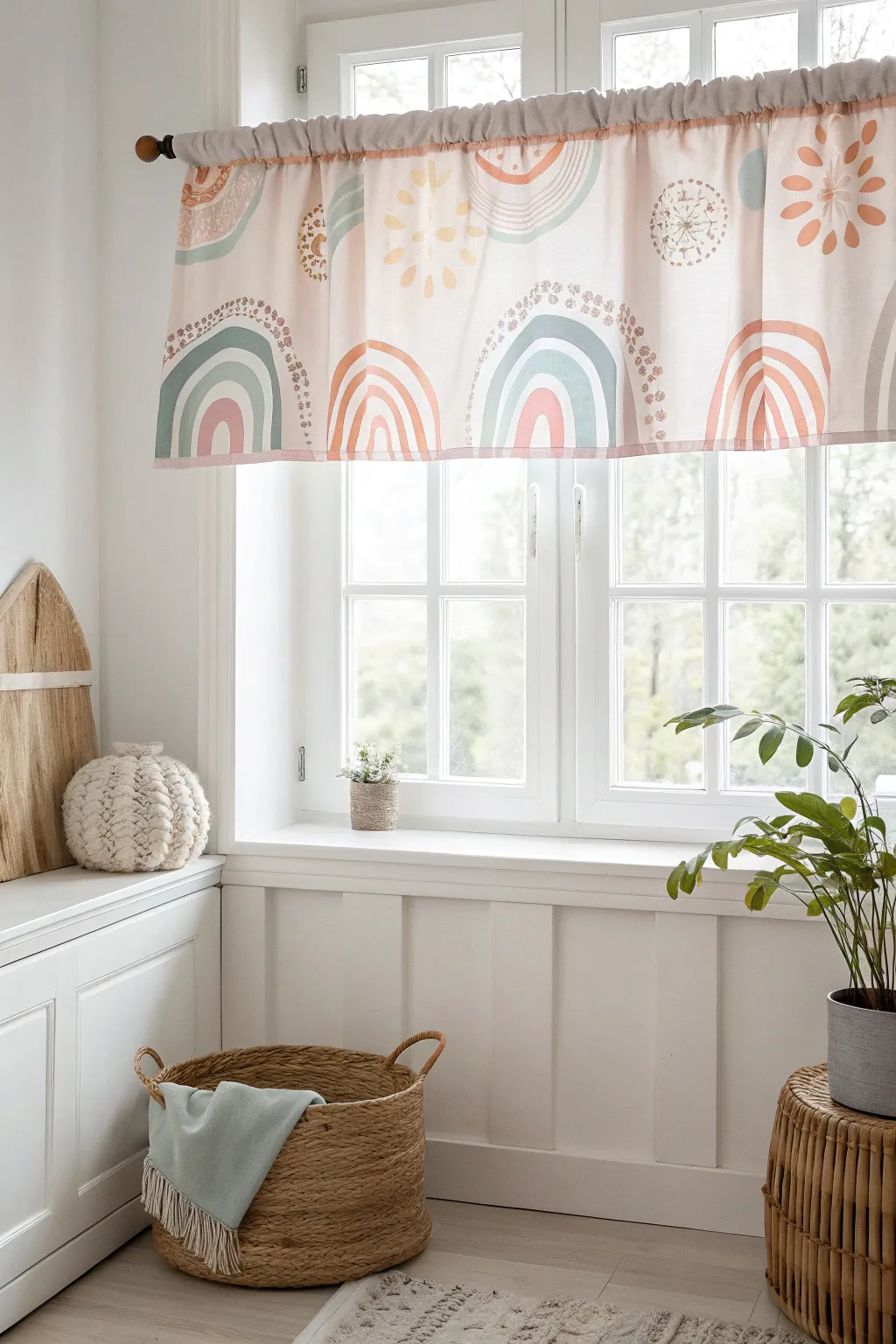 Add a touch of artistry to your space with a painted canvas valance, embracing simplicity and natural elegance.