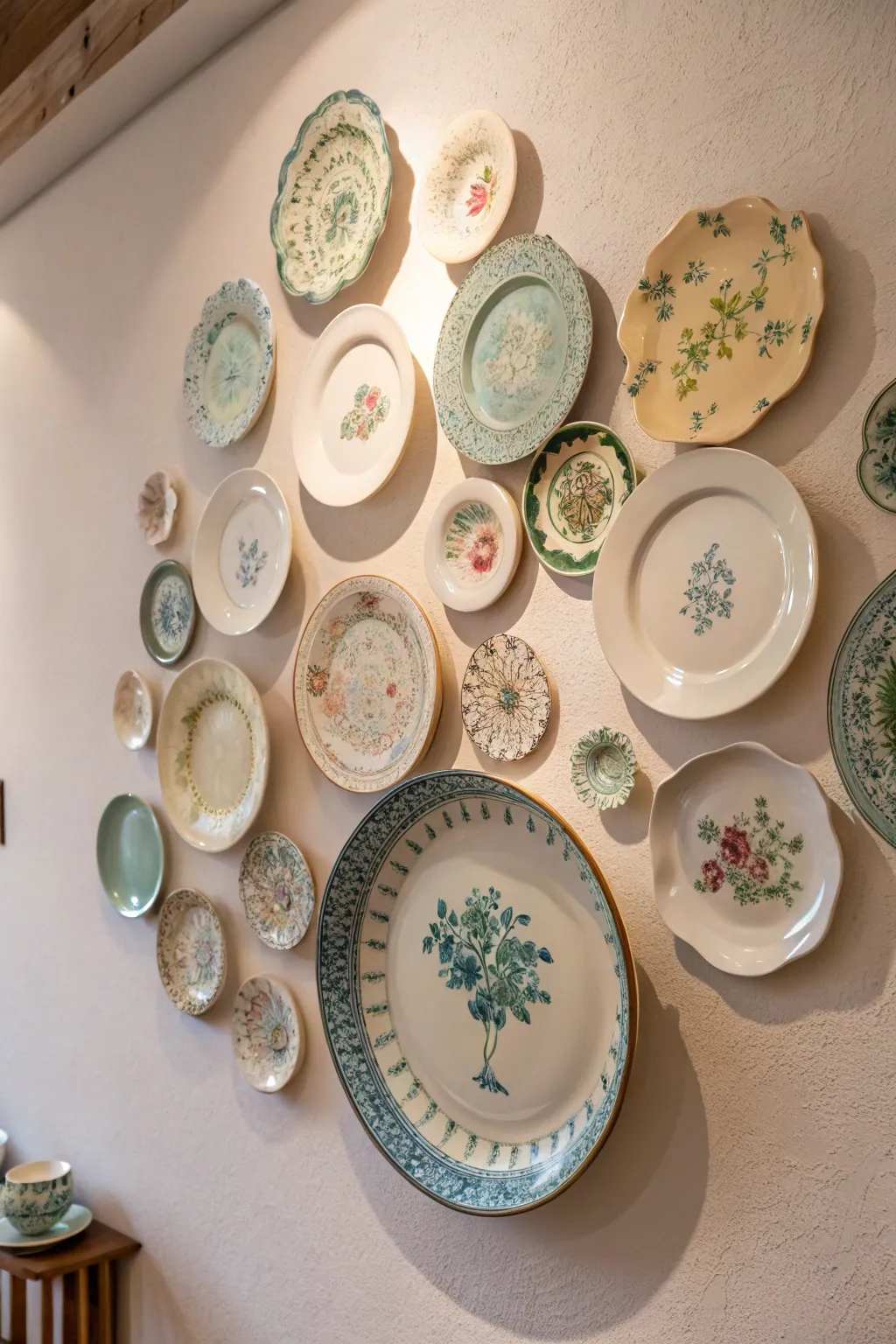 Transform your space with a whimsical vintage plate wall display, where simplicity meets charm.