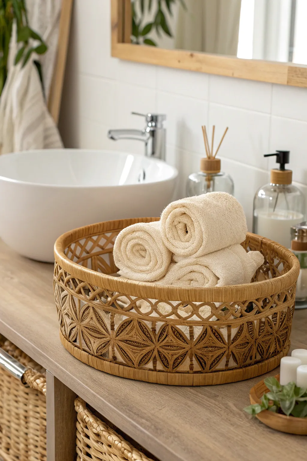 Elevate your bathroom storage with charming wicker baskets for a cozy, organized touch.