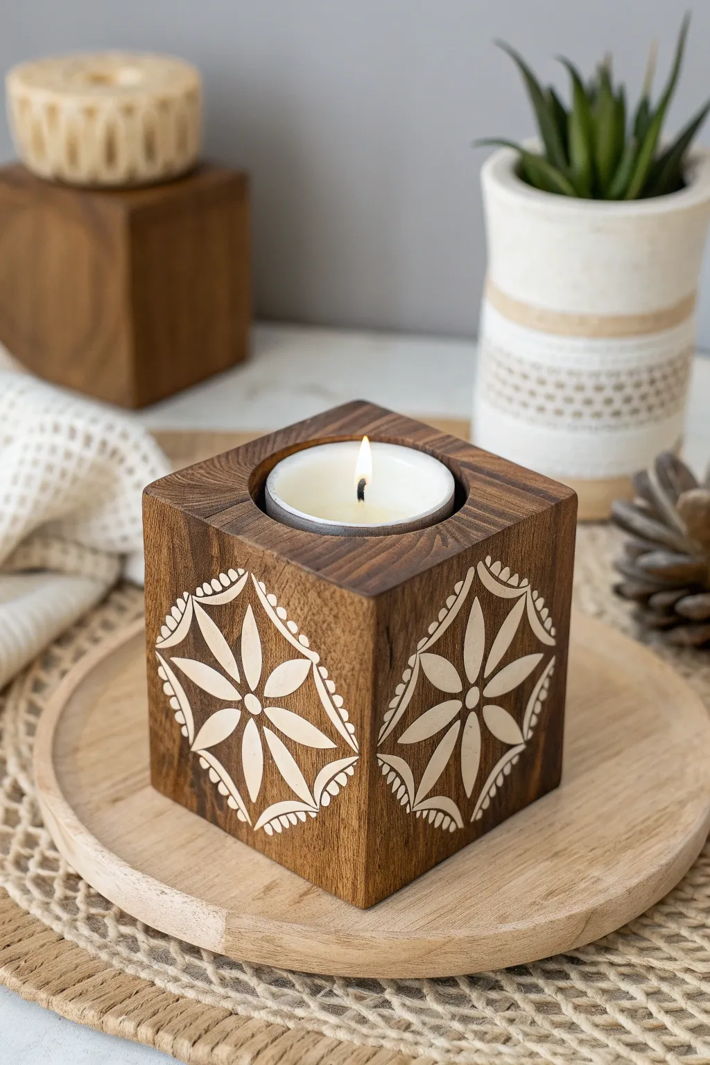 Elevate your decor with the elegance of handcrafted inlay candle holders. A perfect blend of Scandinavian minimalism and Boho charm.