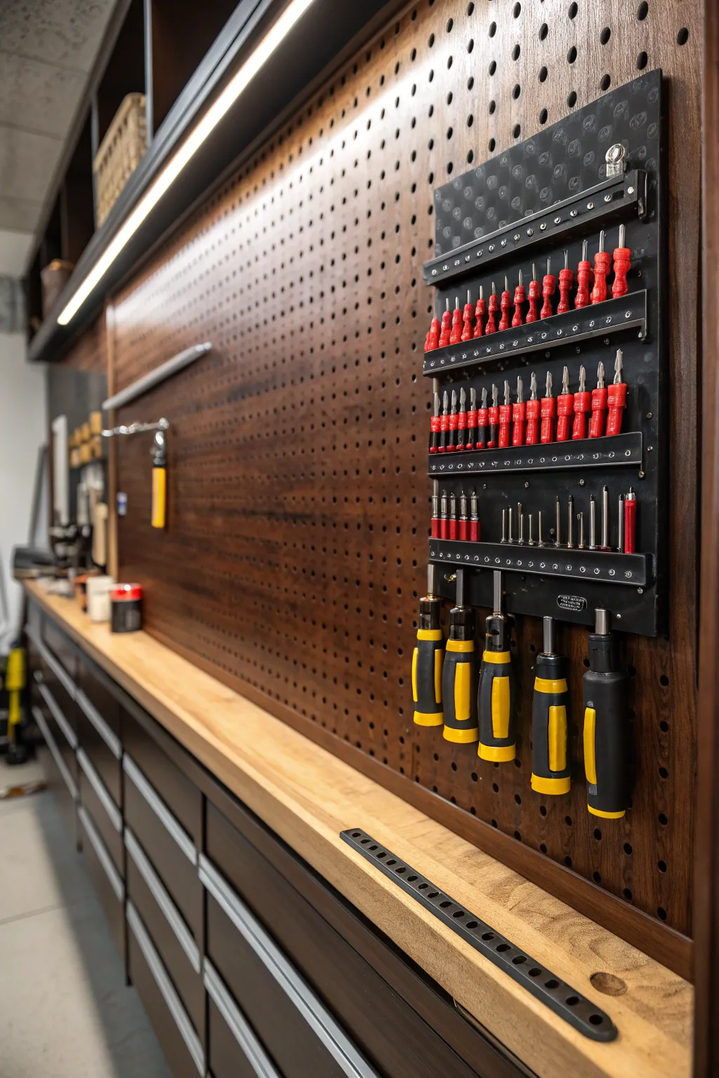 Elevate your workshop with a stylish sliding pegboard wall that merges functionality with flair.