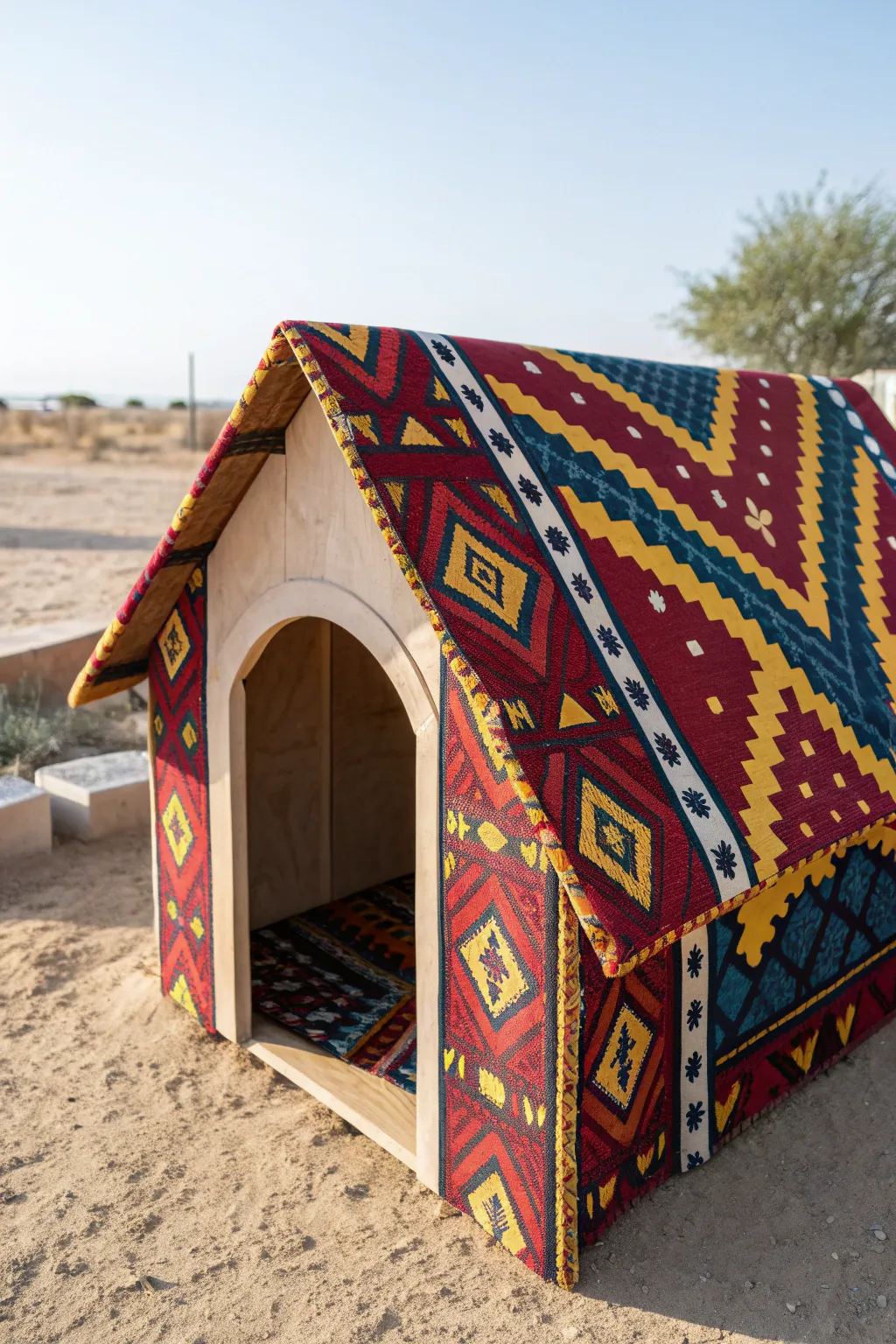 Transform your dog's abode with a bold, bohemian fabric canopy for a stylish and airy retreat.