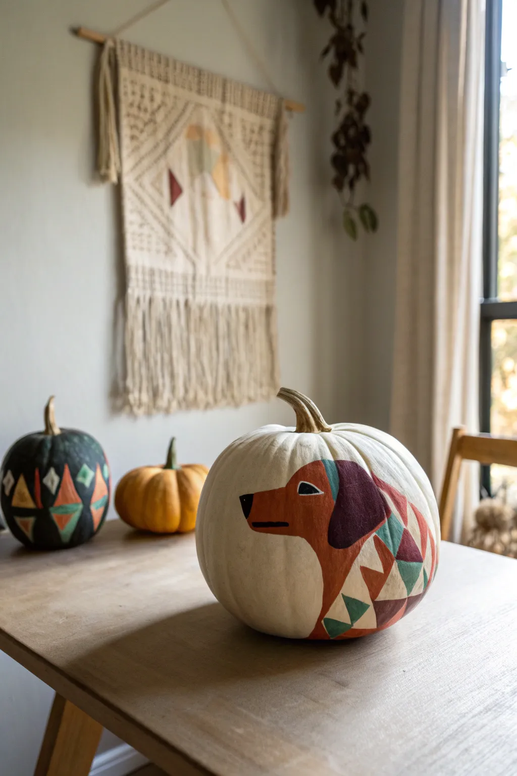 Elevate your autumn décor with abstract pup art on pumpkins—where Scandinavian simplicity meets boho charm.