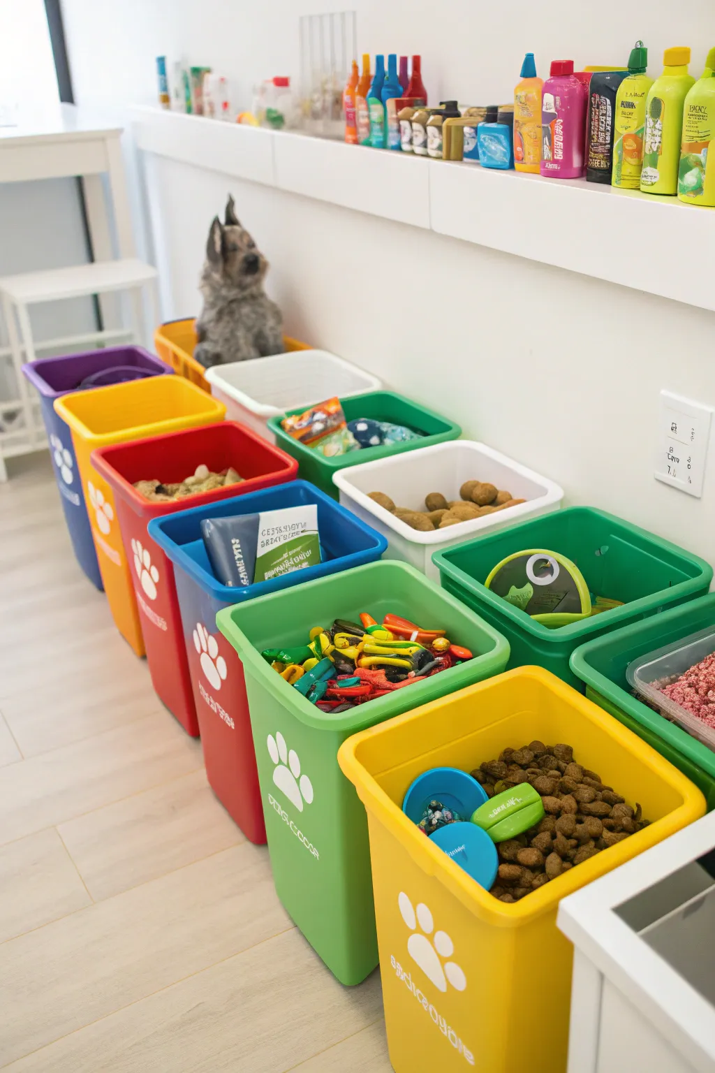 Colorful, coordinated bins for organizing dog supplies, adding a cheerful touch.