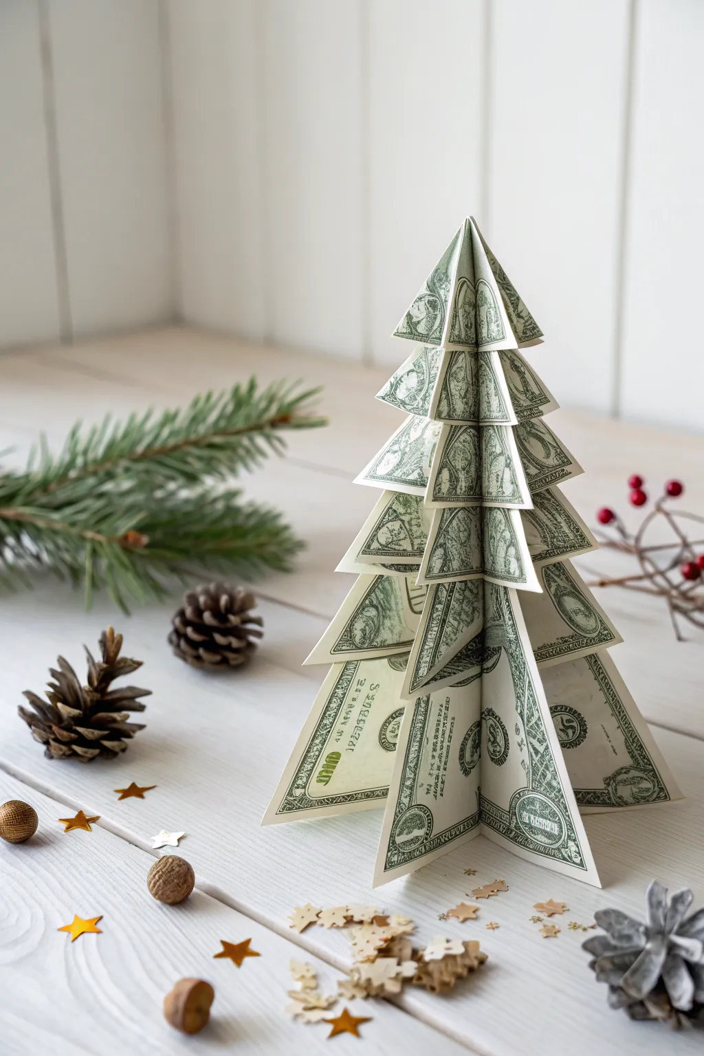Embrace nature with a unique touch: a dollar bill origami Christmas tree adorned with bits of the great outdoors. #ScandinavianStyle #BohoCharm