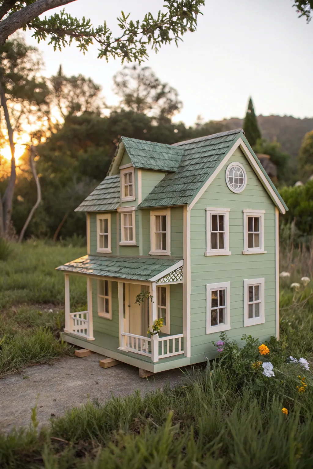 Nature's embrace: A dollhouse painted in soothing garden greens, perfect for blending into serene surroundings.