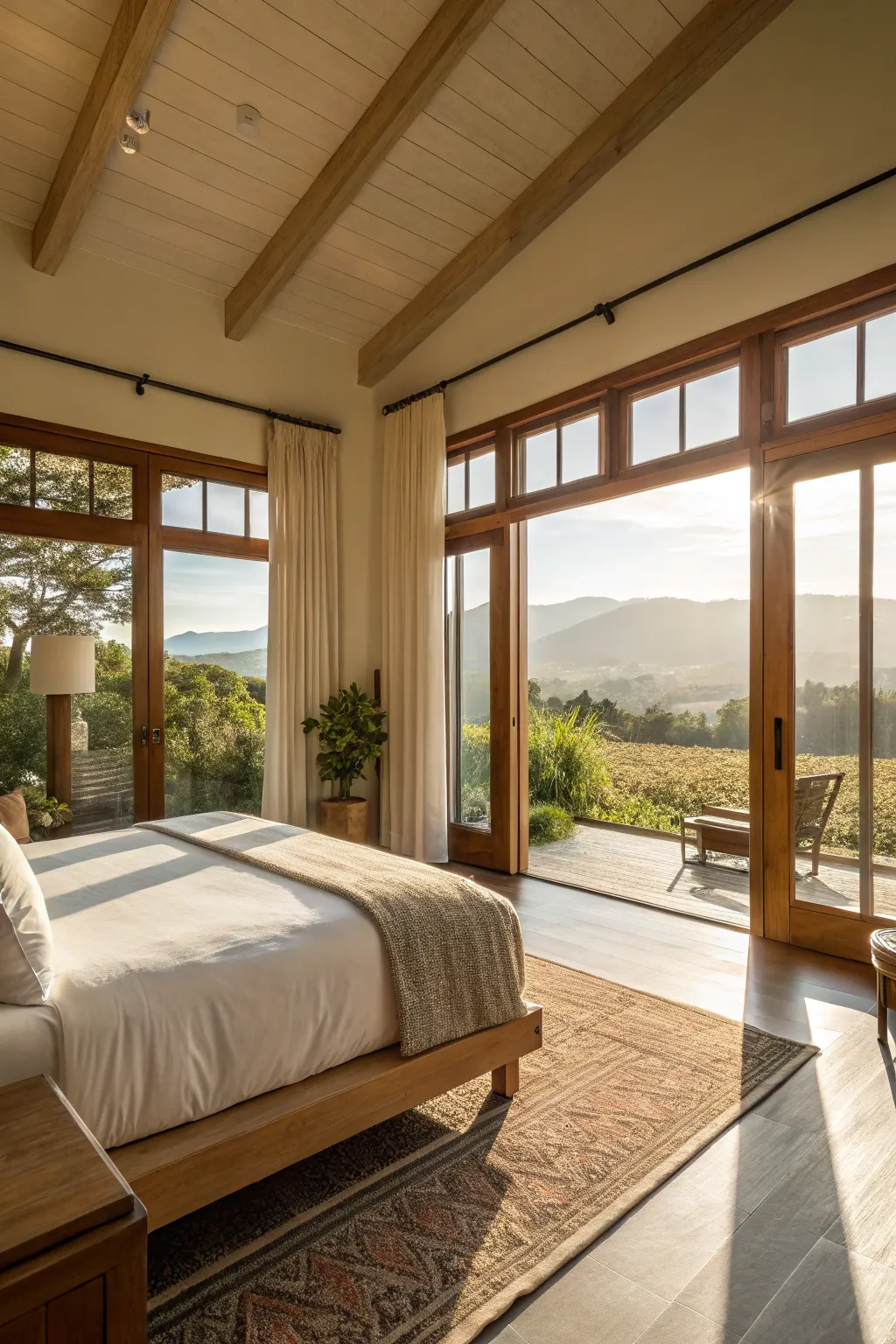 Large windows and an open layout make this bedroom feel spacious and airy.