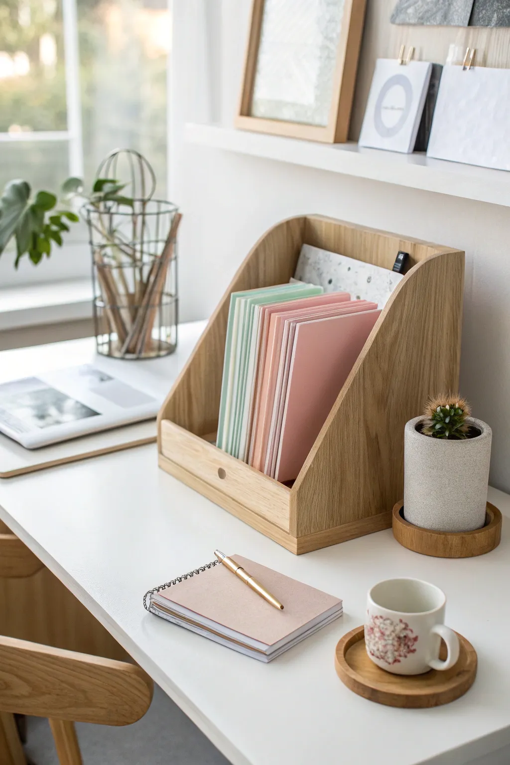 Elevate your dorm desk with this chic magazine holder for effortless organization.