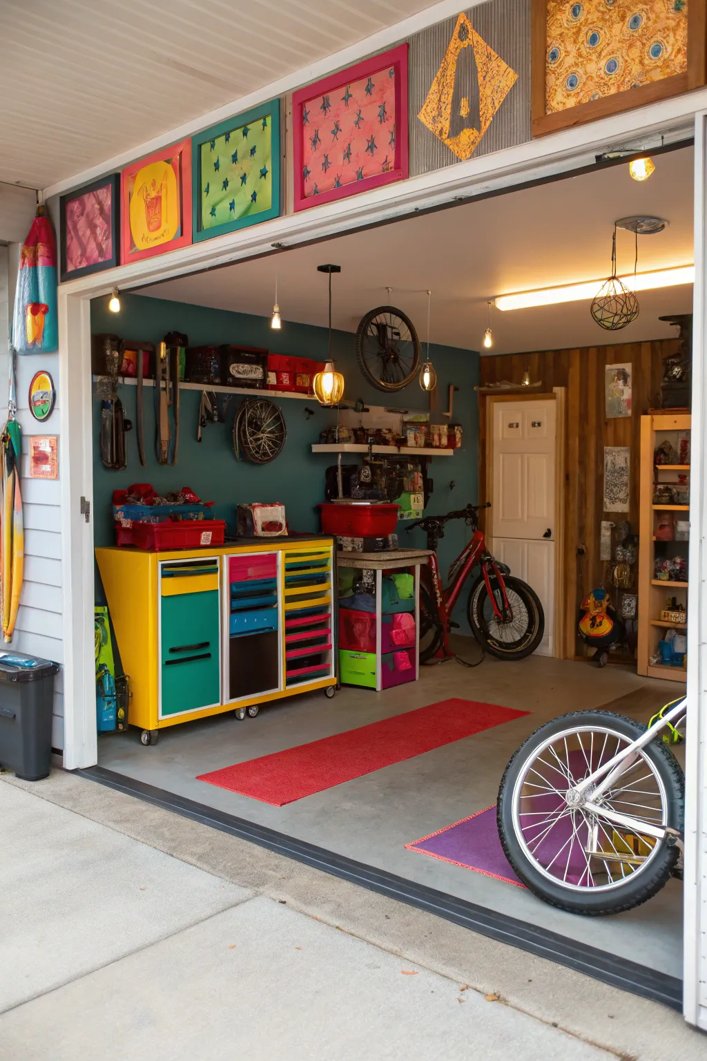 A personalized garage featuring custom decor and unique elements.