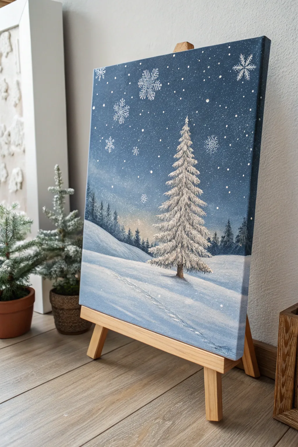 Transport yourself to a serene winter wonderland with this minimalist snowy night canvas.