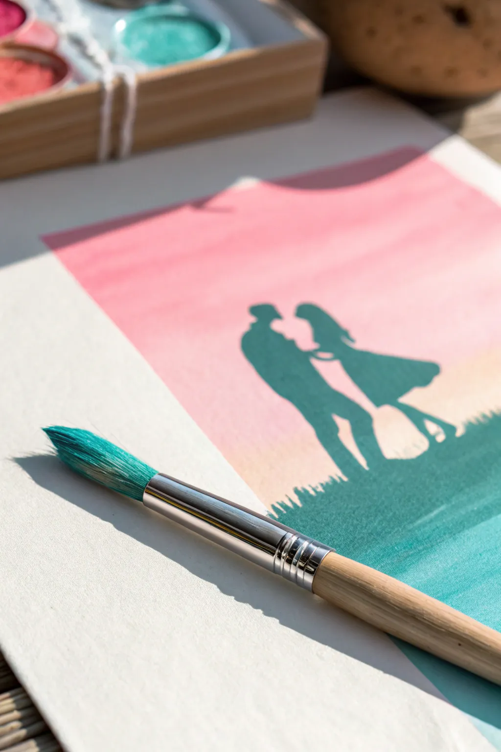 Discover the beauty of contrast: bold silhouettes and vibrant hues for your next couple's painting project.