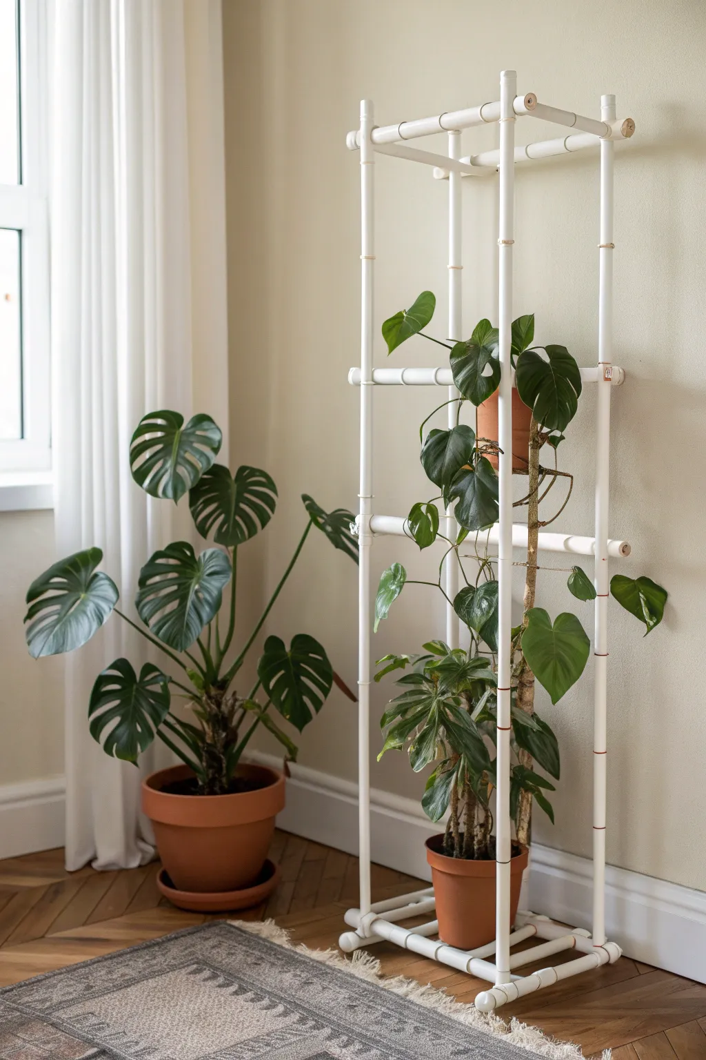 Elevate your indoor garden with a chic PVC pipe trellis, blending simplicity and elegance for your monstera's perfect support.