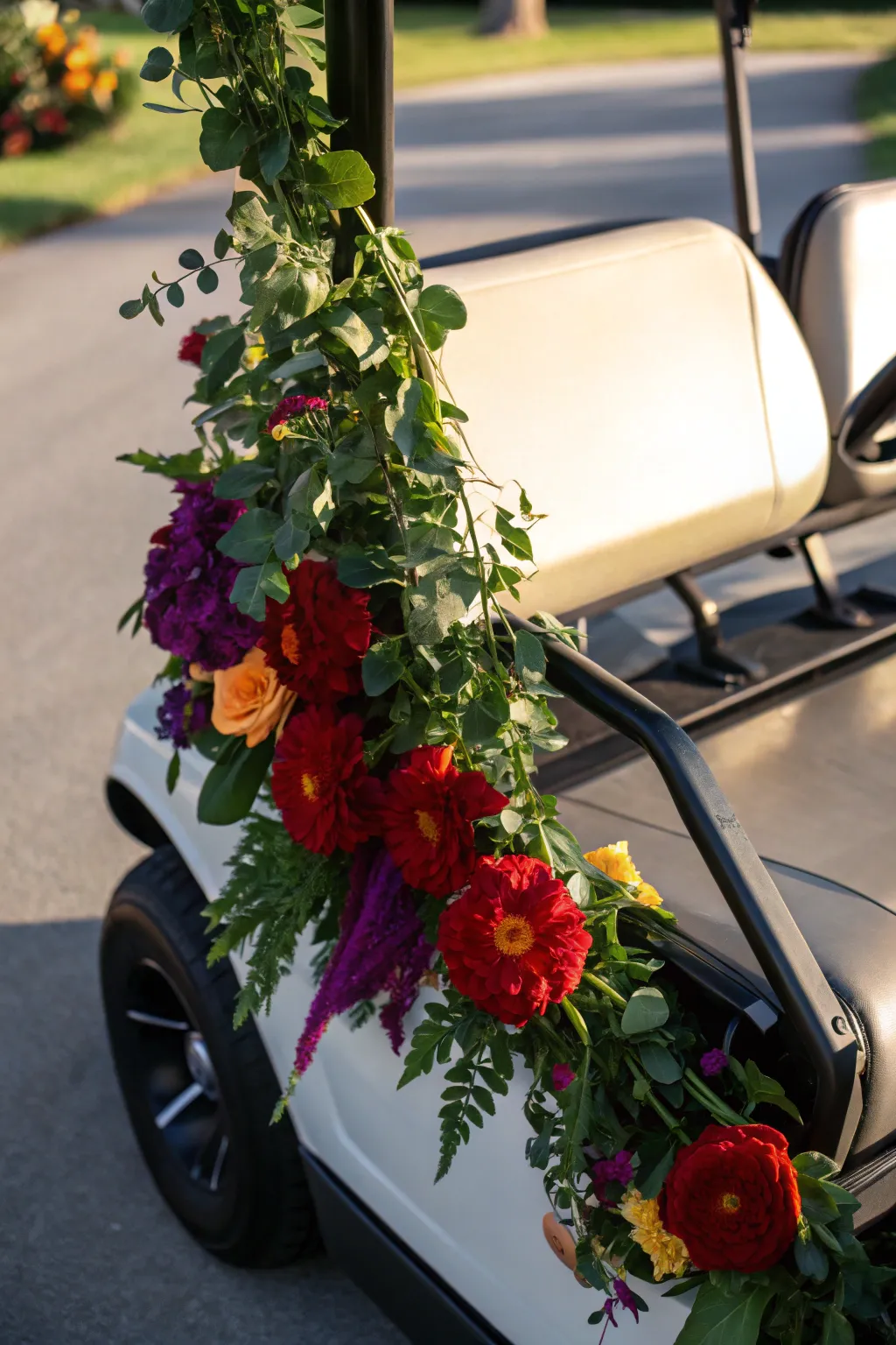 Transform your golf cart into a mobile garden with bold and vibrant floral elegance.