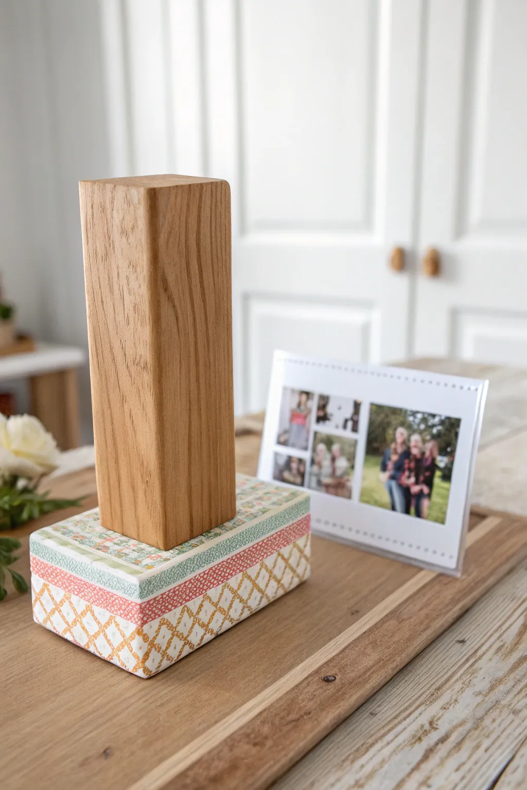 Display cherished memories with this elegant wood block picture holder, blending minimalist design with a personal touch. Perfect for Mother's Day crafts!
