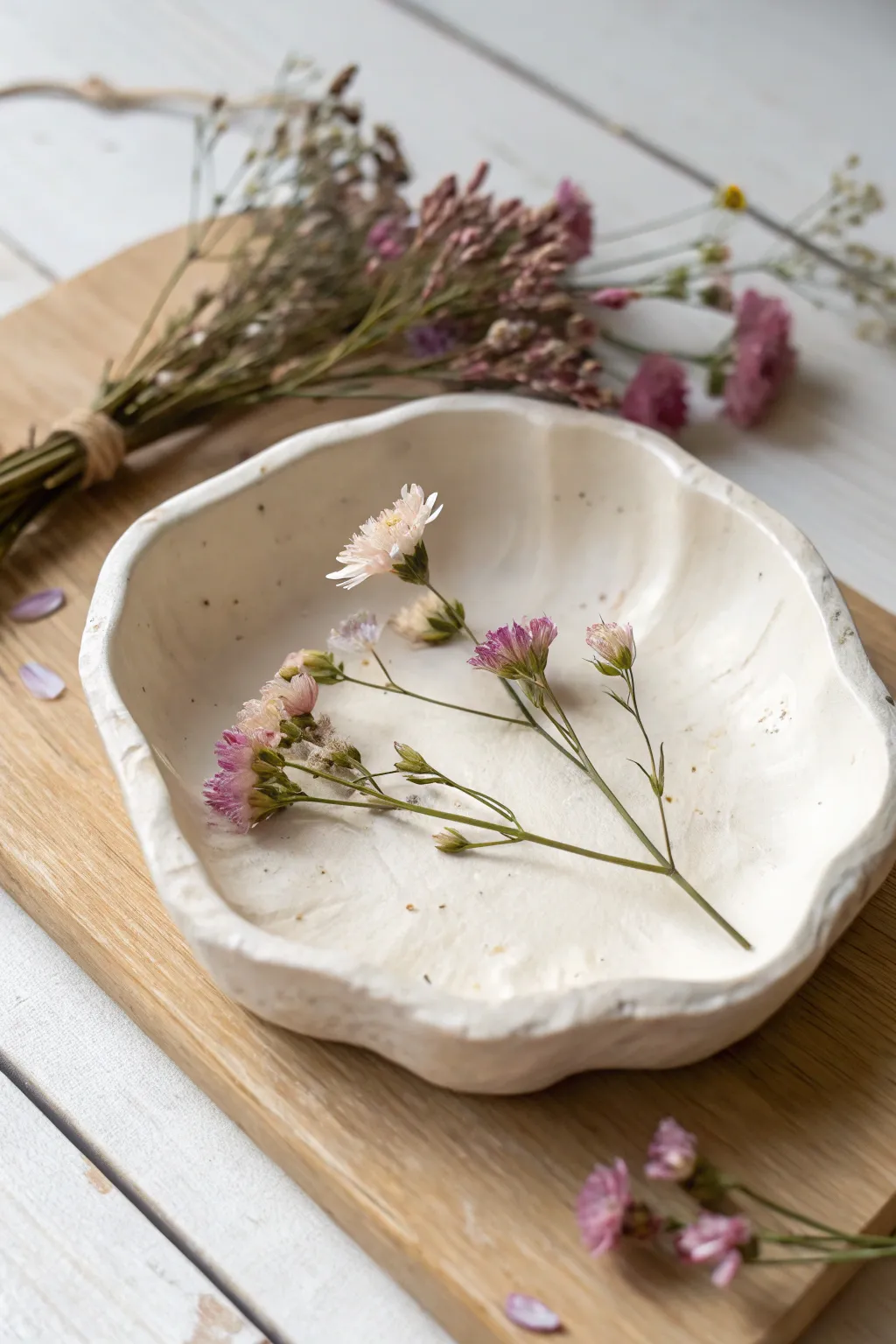 Elegantly simple: A handcrafted clay dish with pressed flowers, perfect for Mother's Day charm.
