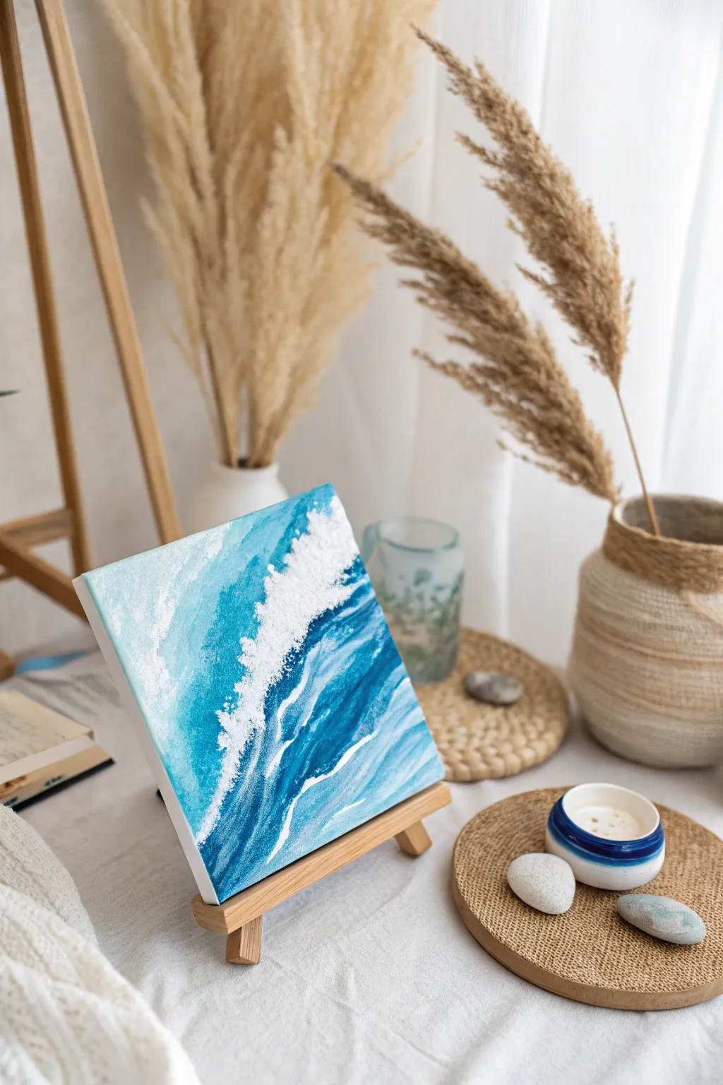 Dive into creativity with this minimalist abstract ocean painting, where bold blues meet serene whites.