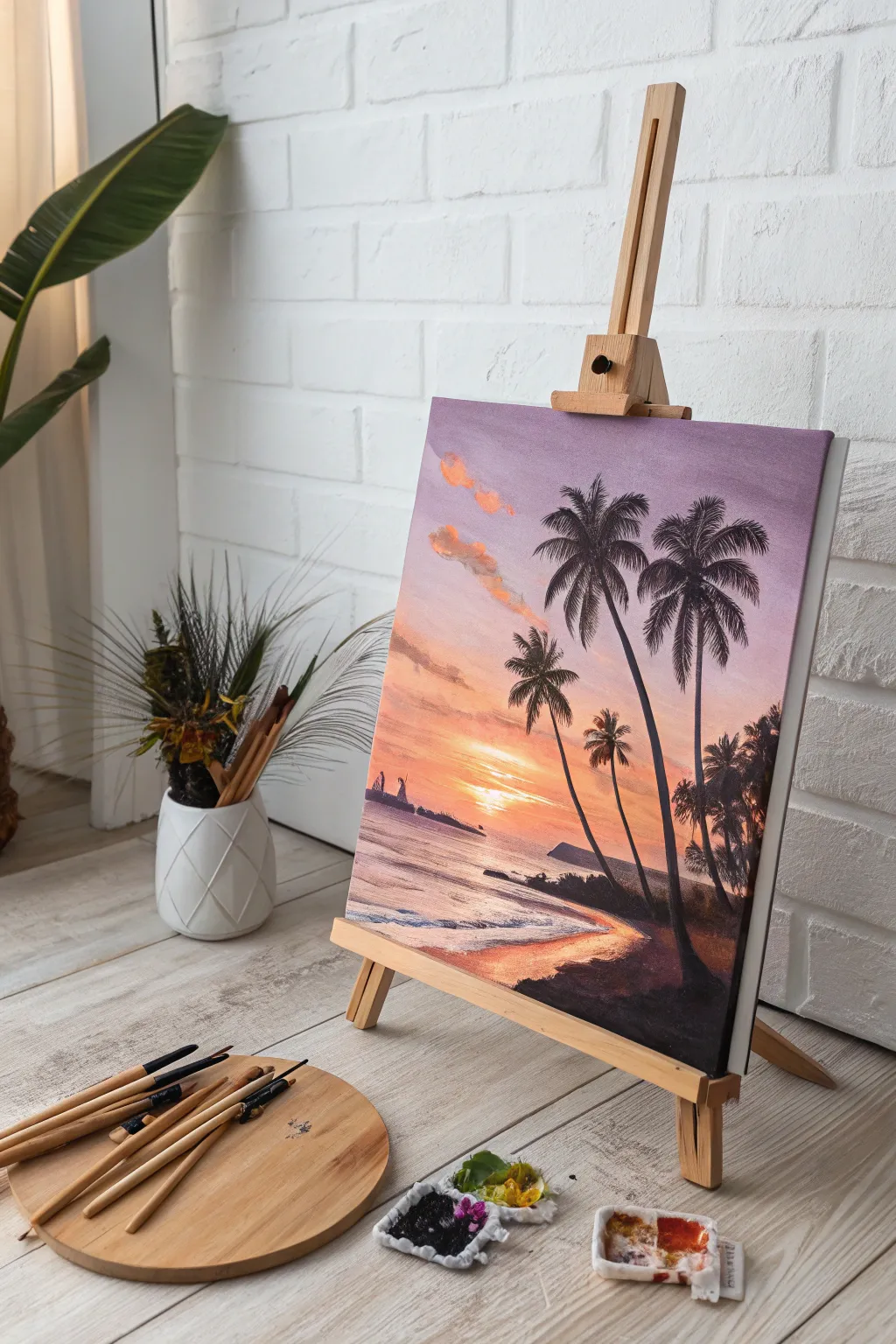 Capture the essence of a tropical escape with this simple yet stunning sunset painting. Perfect for bringing warmth and tranquility into your space.