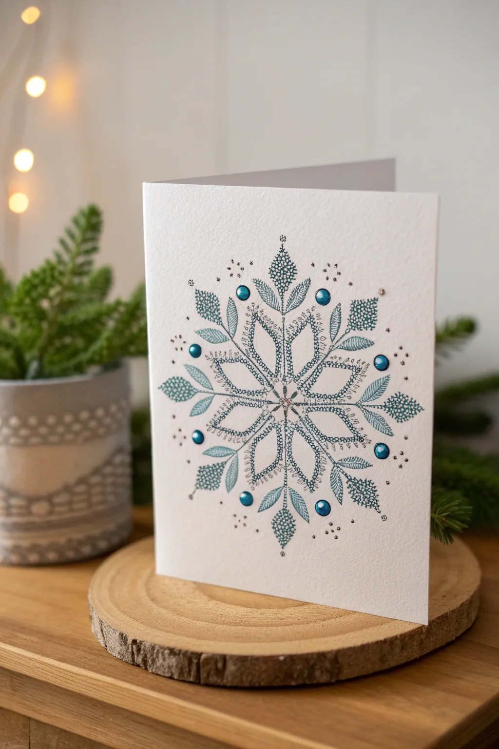 Celebrate the season with handmade elegance: pointillism snowflake art card.
