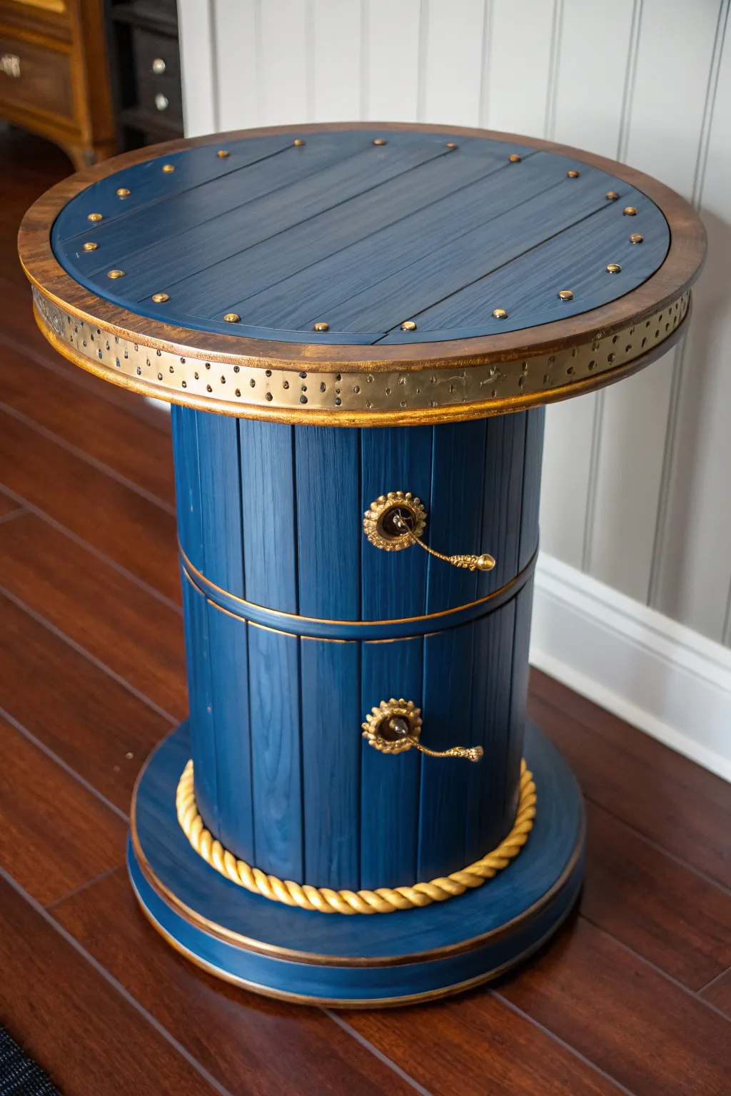 Elevate your living space with this bold and functional side table crafted from an electrical spool.
