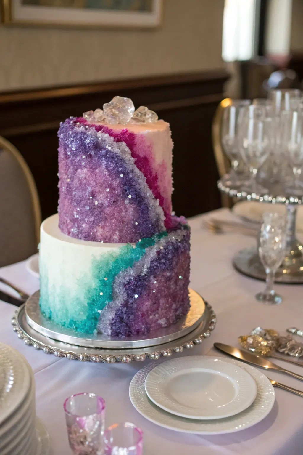 A glamorous geode cake with a striking crystallized sugar design.