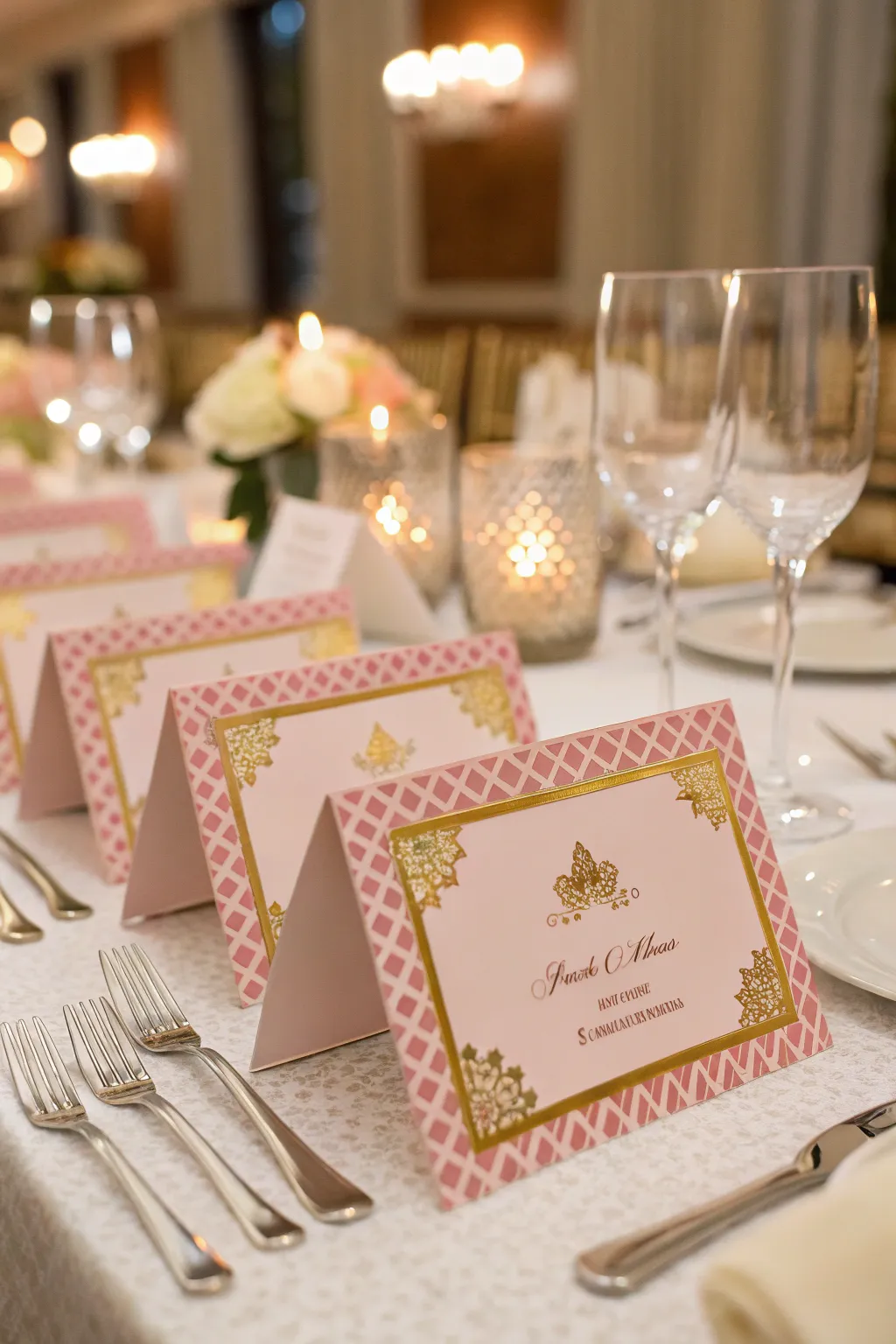 Elegant place cards add a personal touch to each setting.