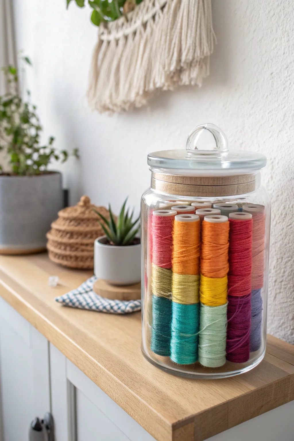 Transform your thread collection into a work of art with a simple glass jar display – perfect for adding color and charm to your space!