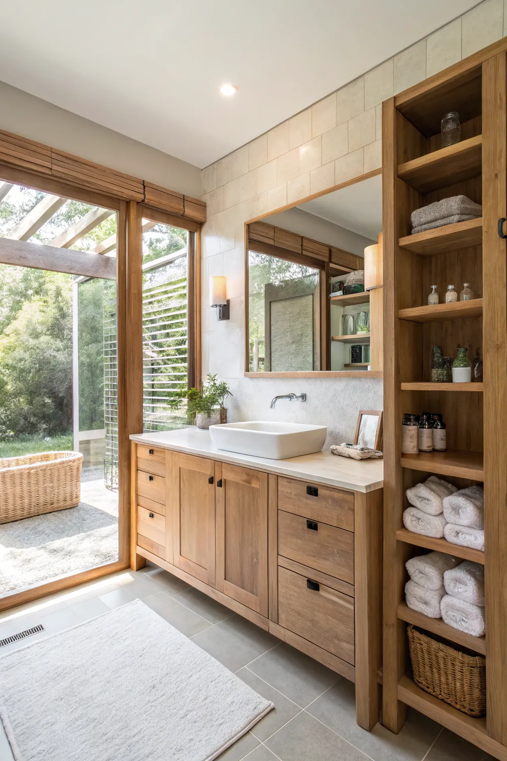 Warm up your ensuite with wood accents.