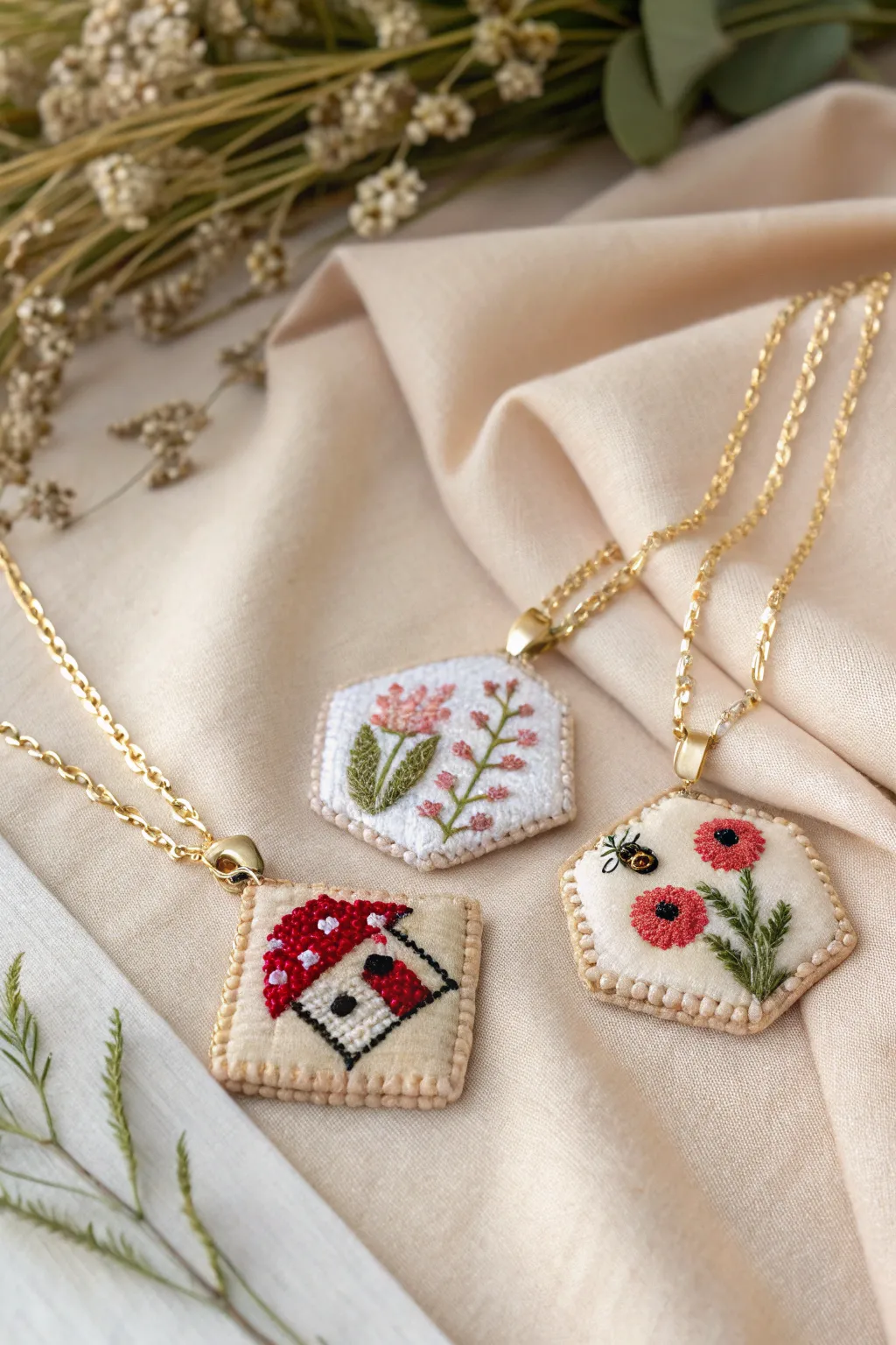 Embrace the art of storytelling with whimsical fabric charm necklaces.