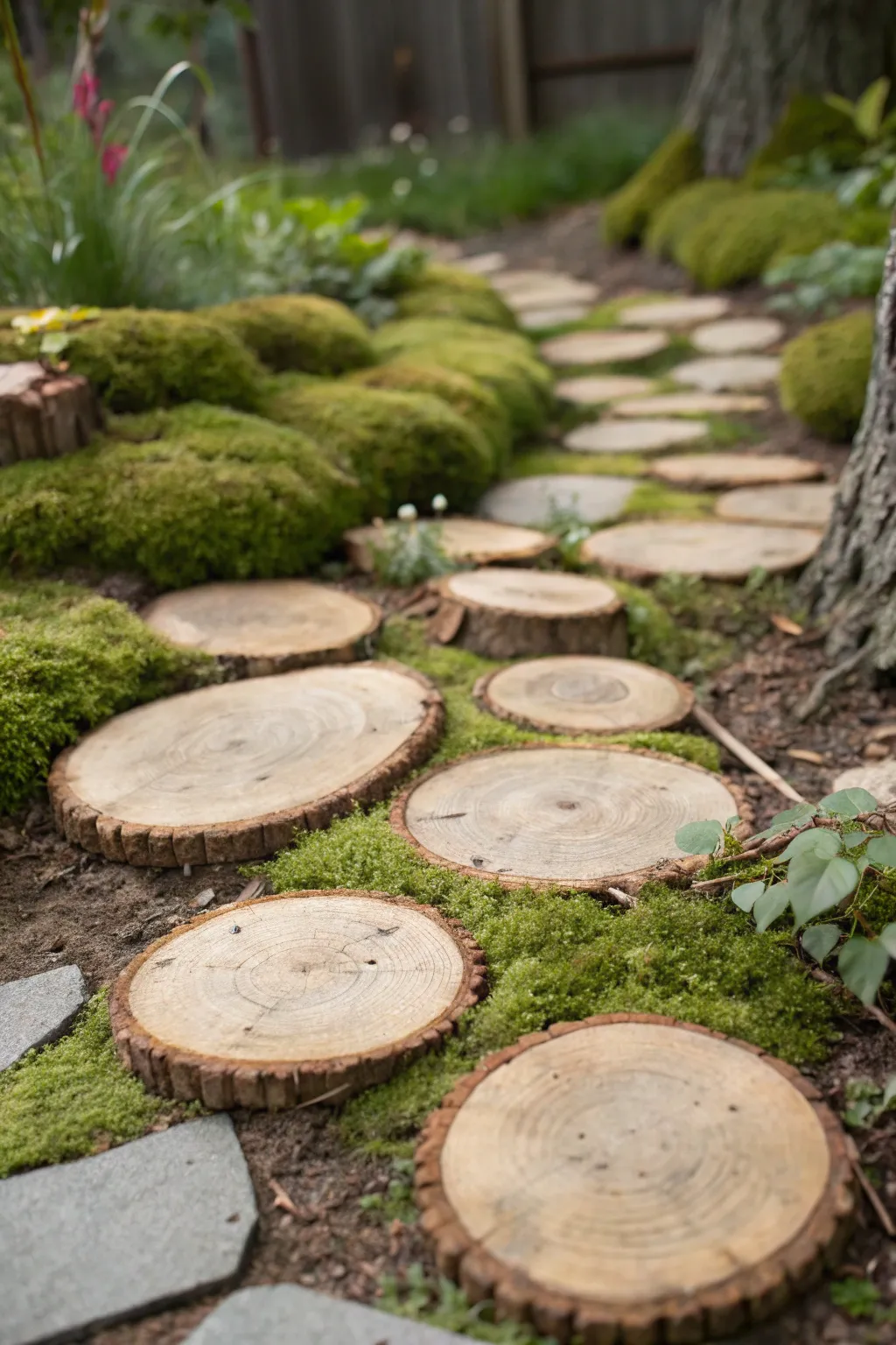 Step into a whimsical woodland world with this enchanting log slice pathway, perfect for little adventurers.