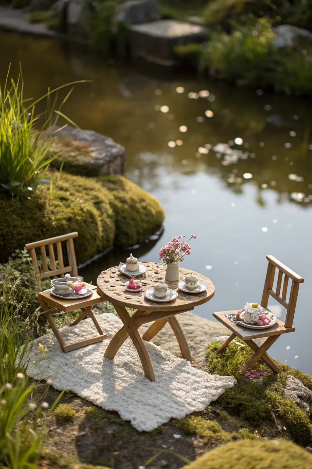 A fairy's dream picnic spot by the pond—where simplicity meets magic.