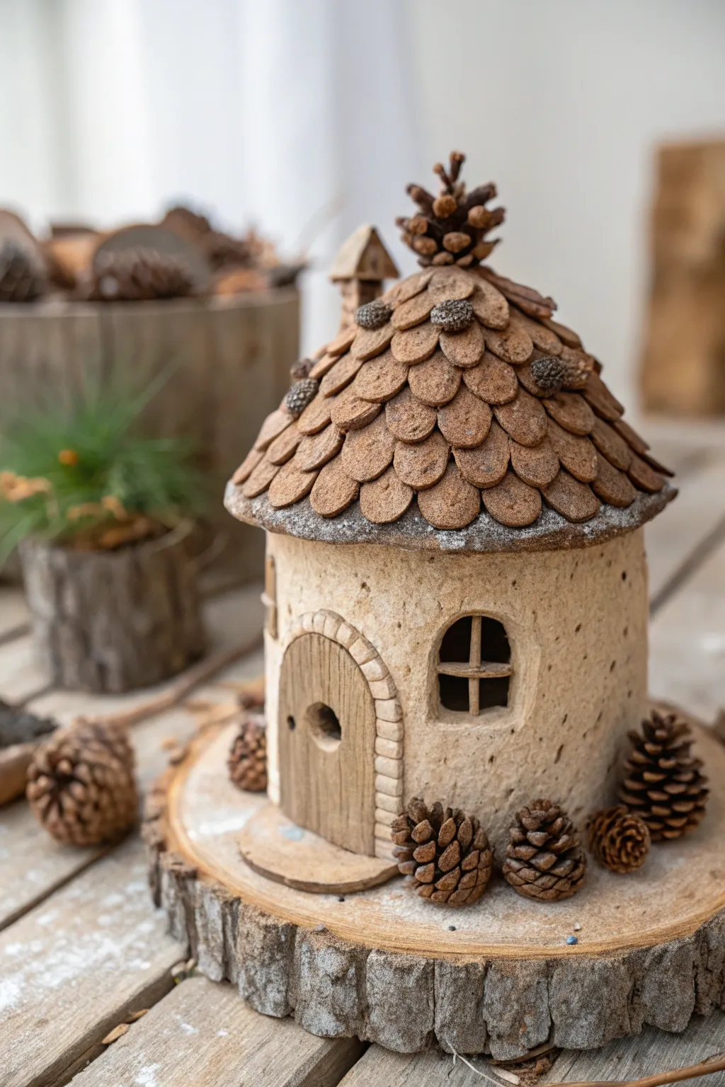 Enchant your space with the natural elegance of a pinecone-roofed fairy house, where simplicity meets whimsy.