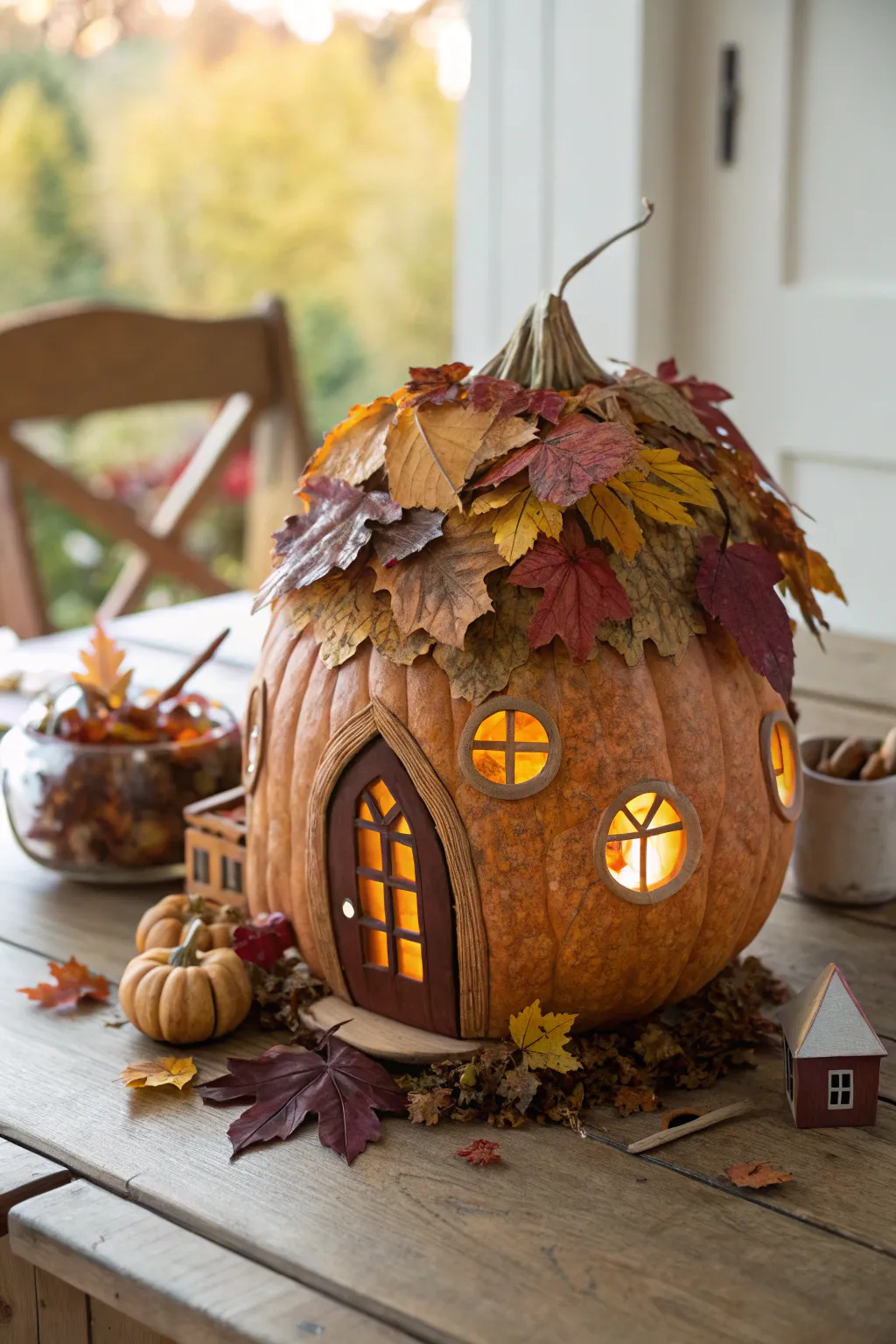Enchant your space with a whimsical fairy house pumpkin, crowned with a natural leaf roof.