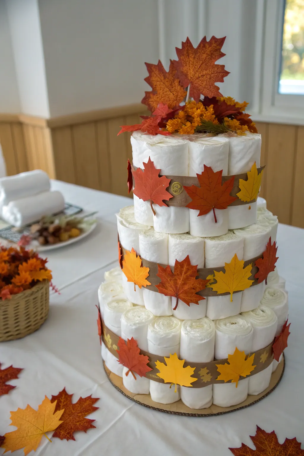 Embrace autumn's charm with a Maple Leaf Medley diaper cake—where simplicity meets playful elegance.
