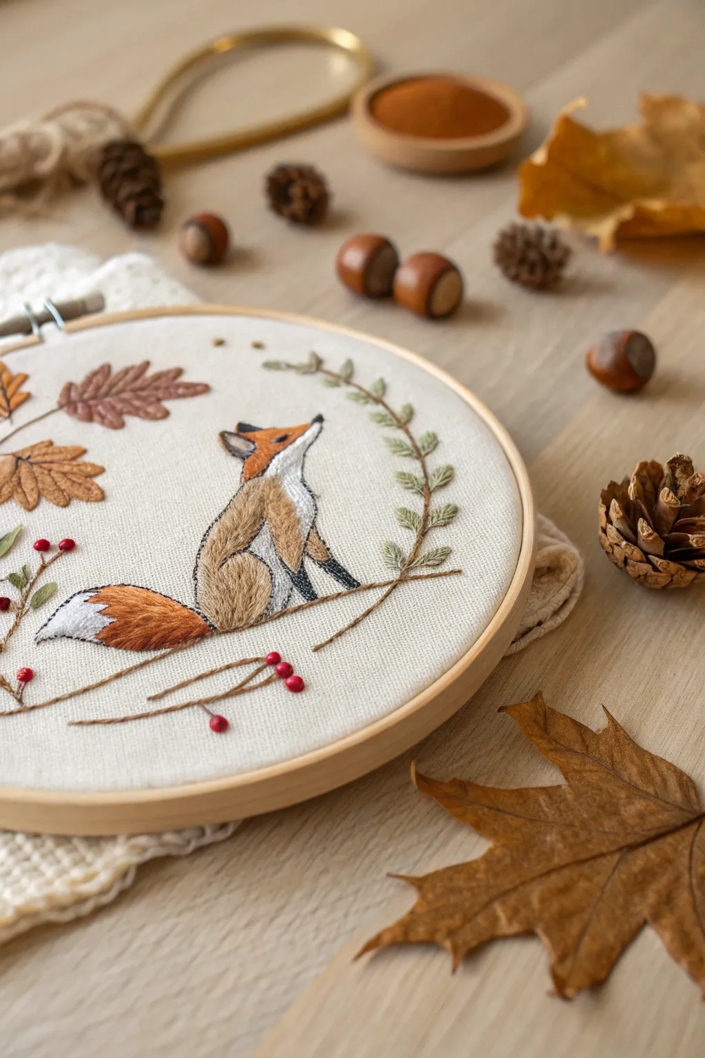 Capture the charm of the forest with this enchanting woodland fox embroidery, a perfect blend of nature and craftsmanship.