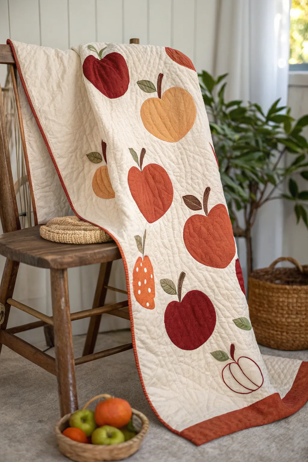 Capture the essence of autumn with a minimalist apple-themed quilt, perfect for cozy fall evenings.