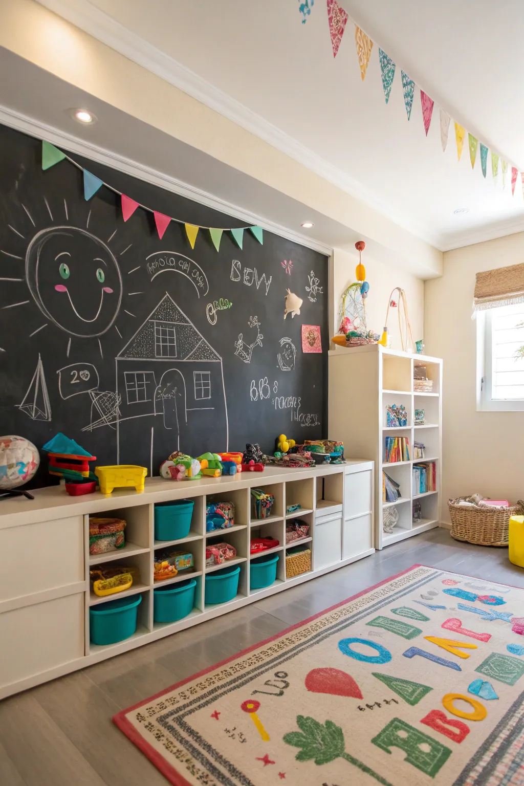 A playroom with a chalkboard wall for endless creativity and learning.