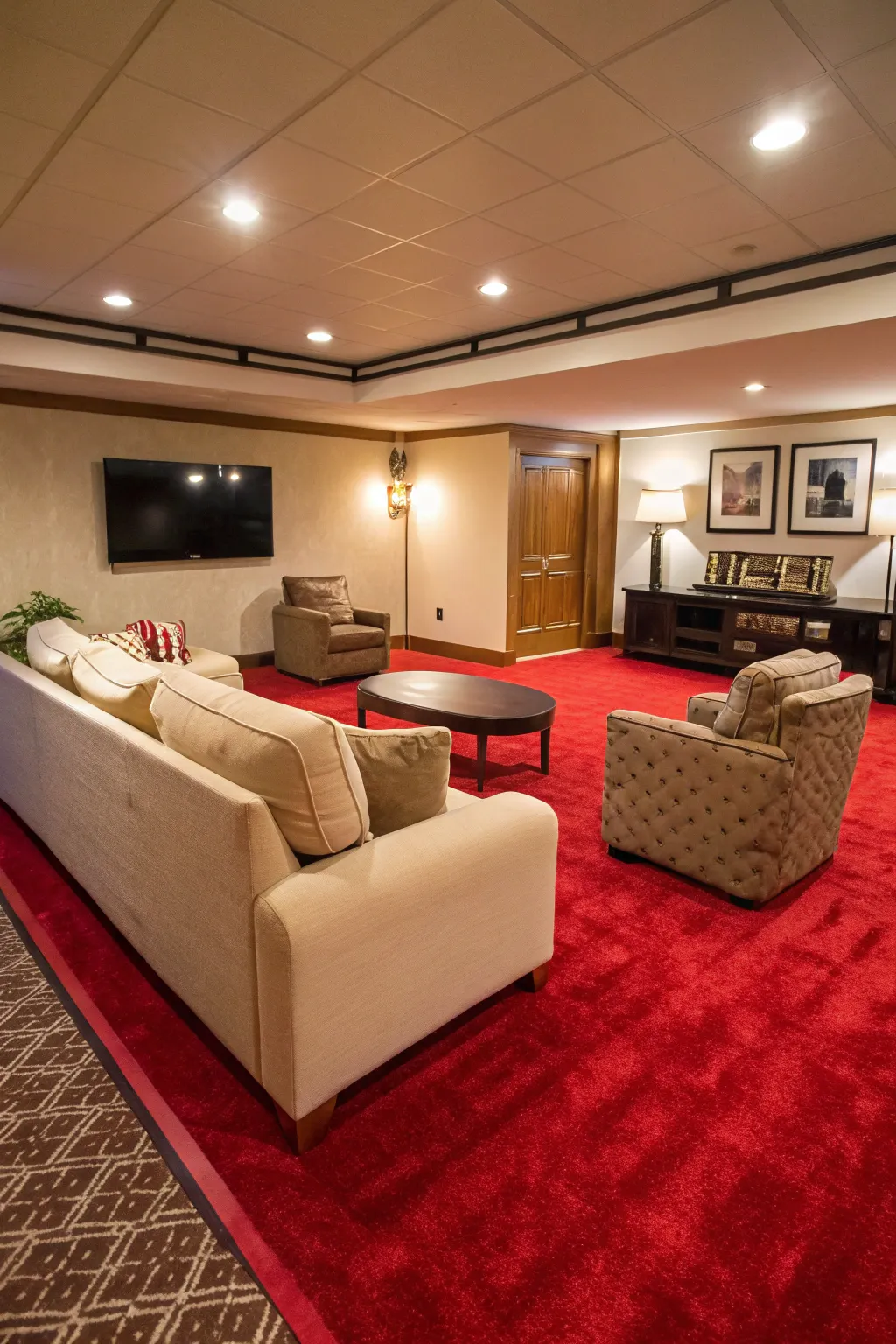 A bold carpet becomes the centerpiece of the room.
