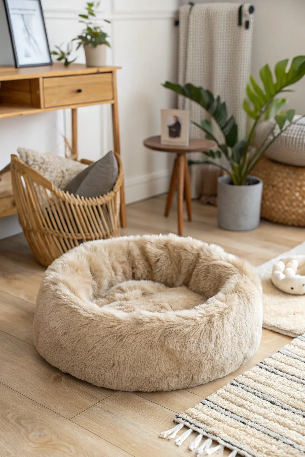 Crafted with love: A cozy faux fur retreat for your furry friend in a Scandinavian-Boho haven.