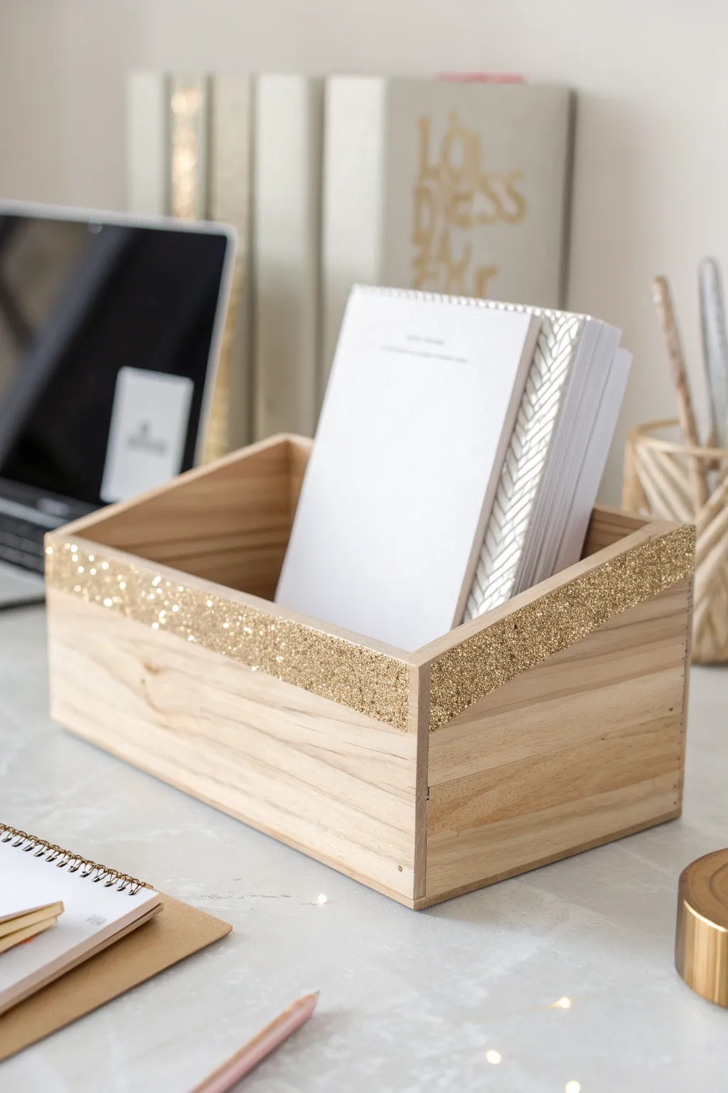 Add a touch of glitter glam to your workspace for an effortlessly chic look.