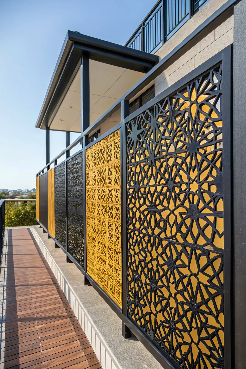 Elevate your rooftop retreat with a stunning patterned privacy screen that blends style with seclusion.