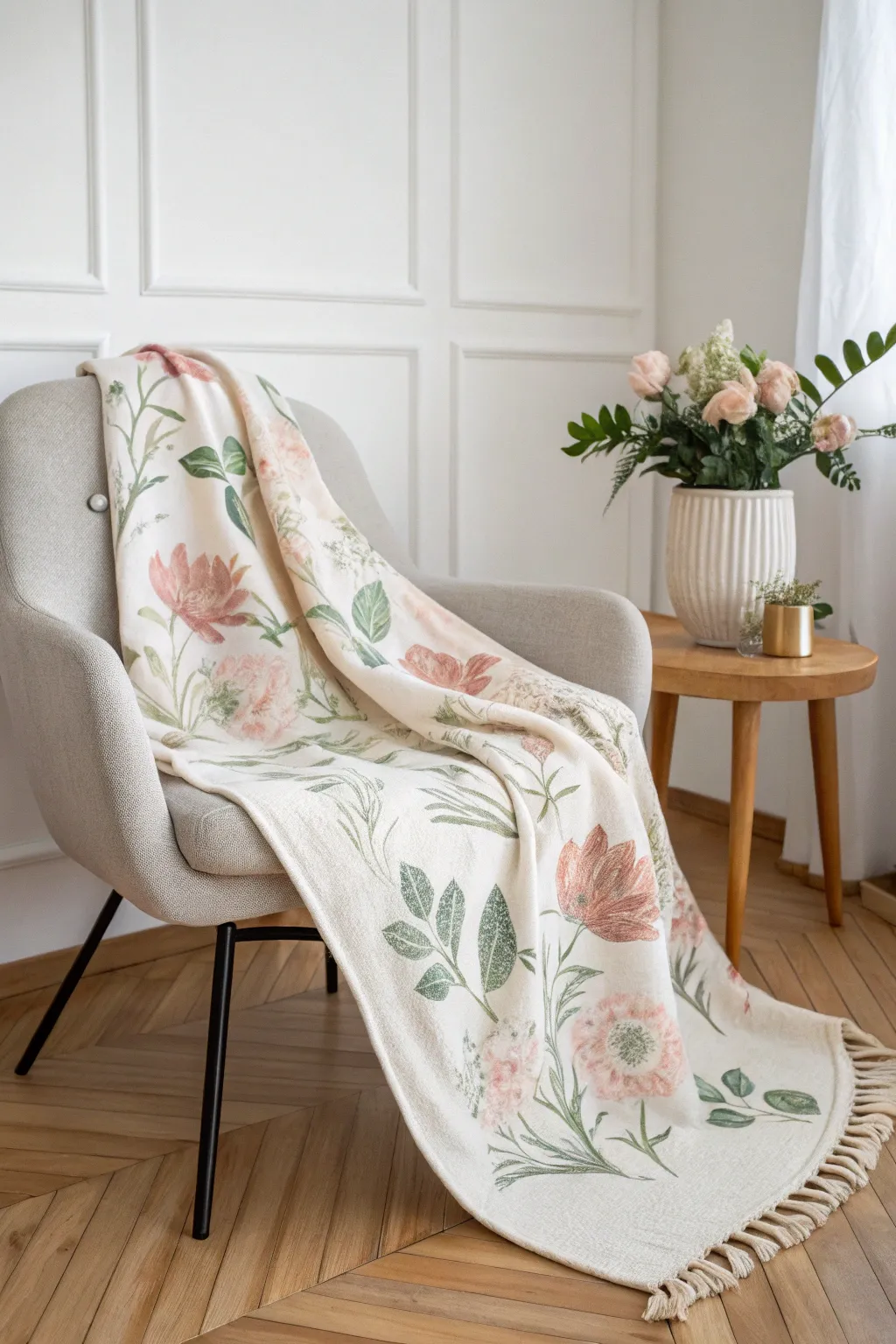 Wrap yourself in springtime bliss with this charming floral fleece blanket, where minimalist elegance meets boho warmth.