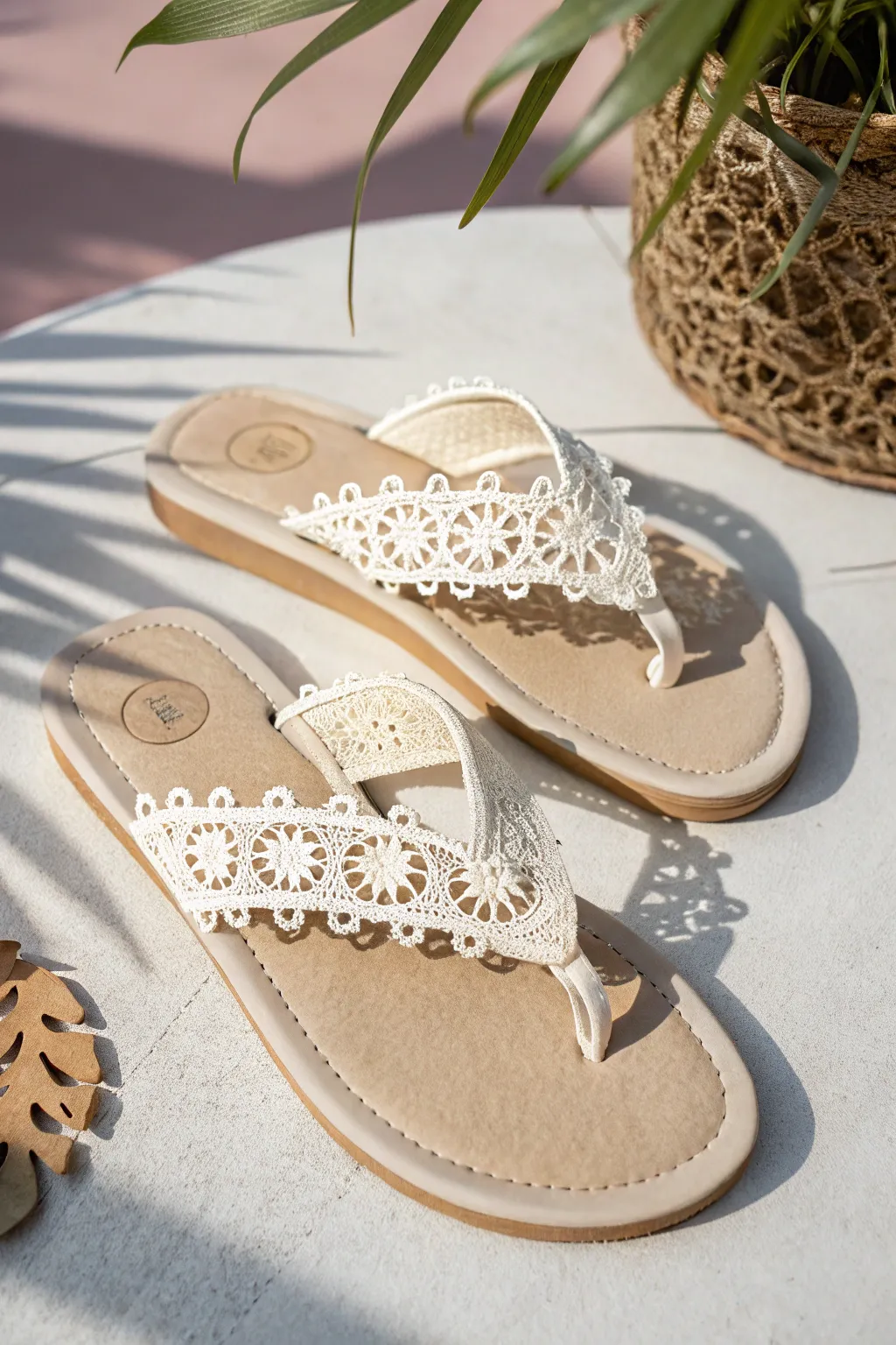 Add a touch of elegance to your summer wedding with handcrafted eyelet lace flip flops.