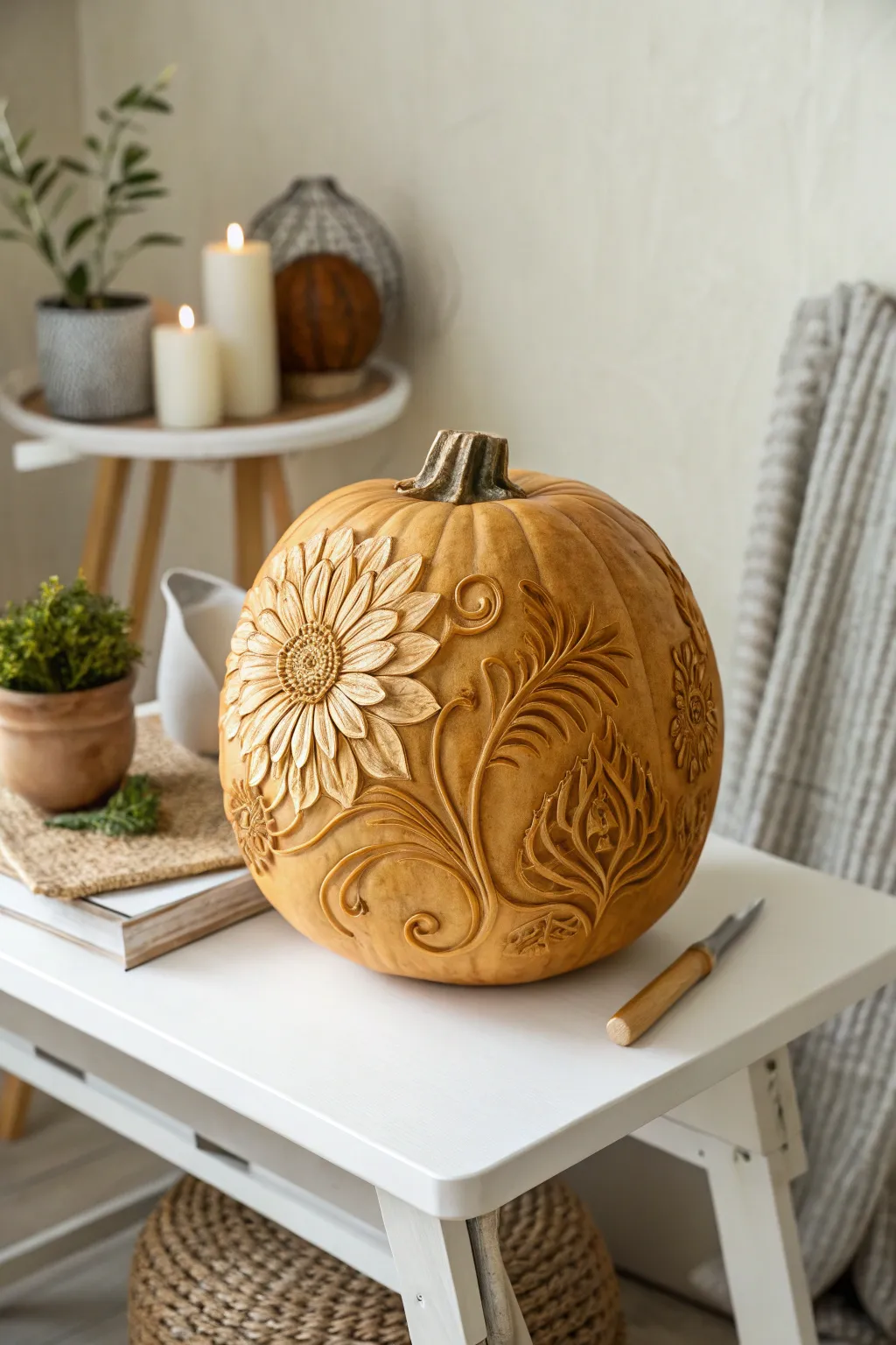 Embrace the charm of chrysanthemums with this elegantly carved pumpkin centerpiece.