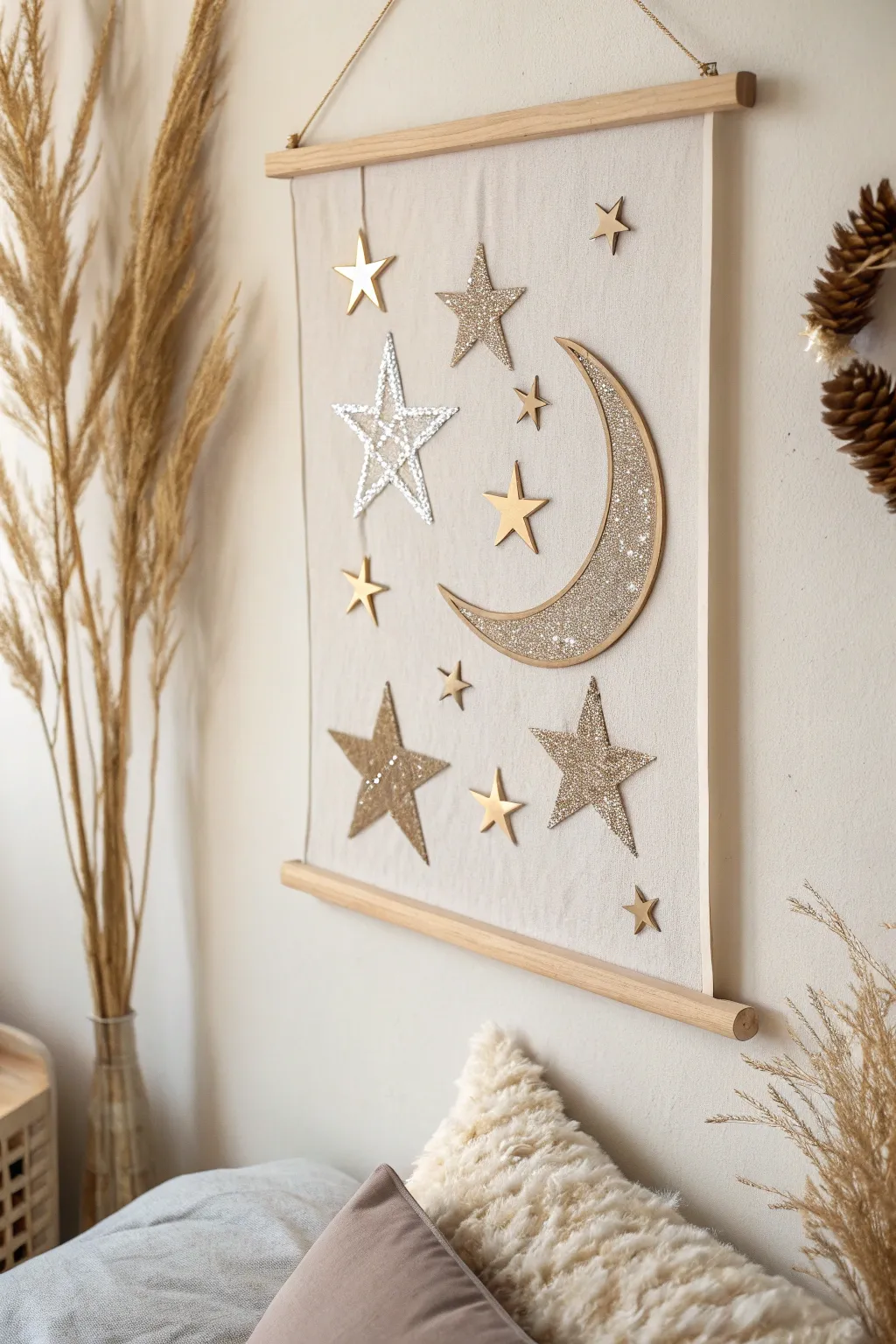 Transform your space into a celestial sanctuary with this enchanting foil star and moon art piece.