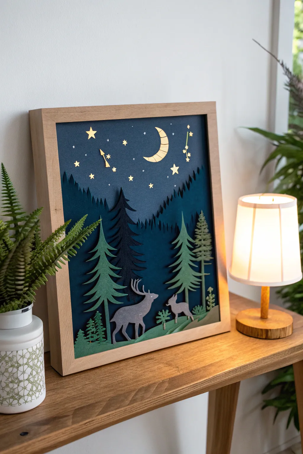 Embrace the enchanting mystery of the night with a handcrafted nocturnal forest collage, where simplicity meets natural beauty.