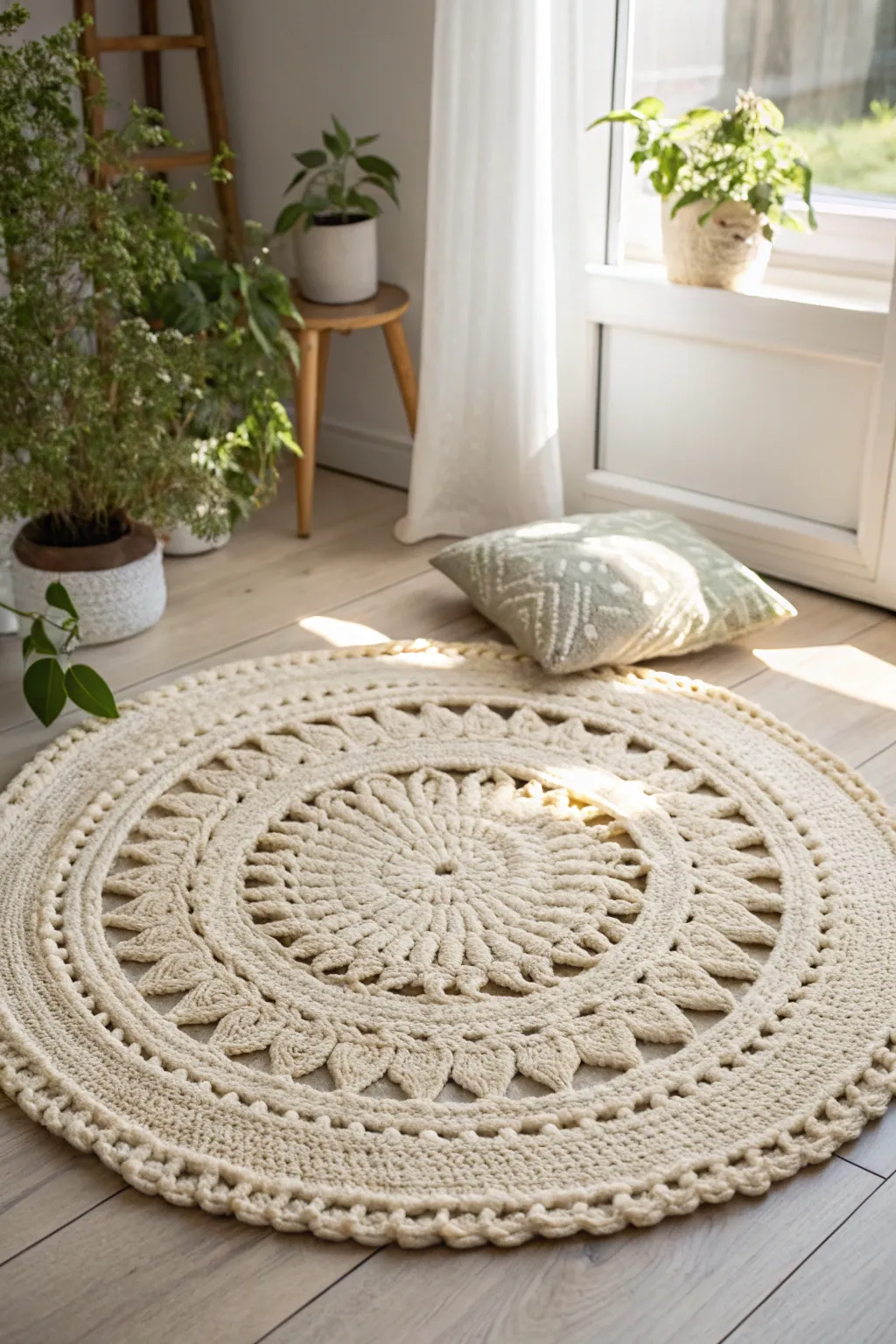 Step into serenity with this charming crochet rug, a perfect blend of Scandinavian simplicity and bohemian warmth.