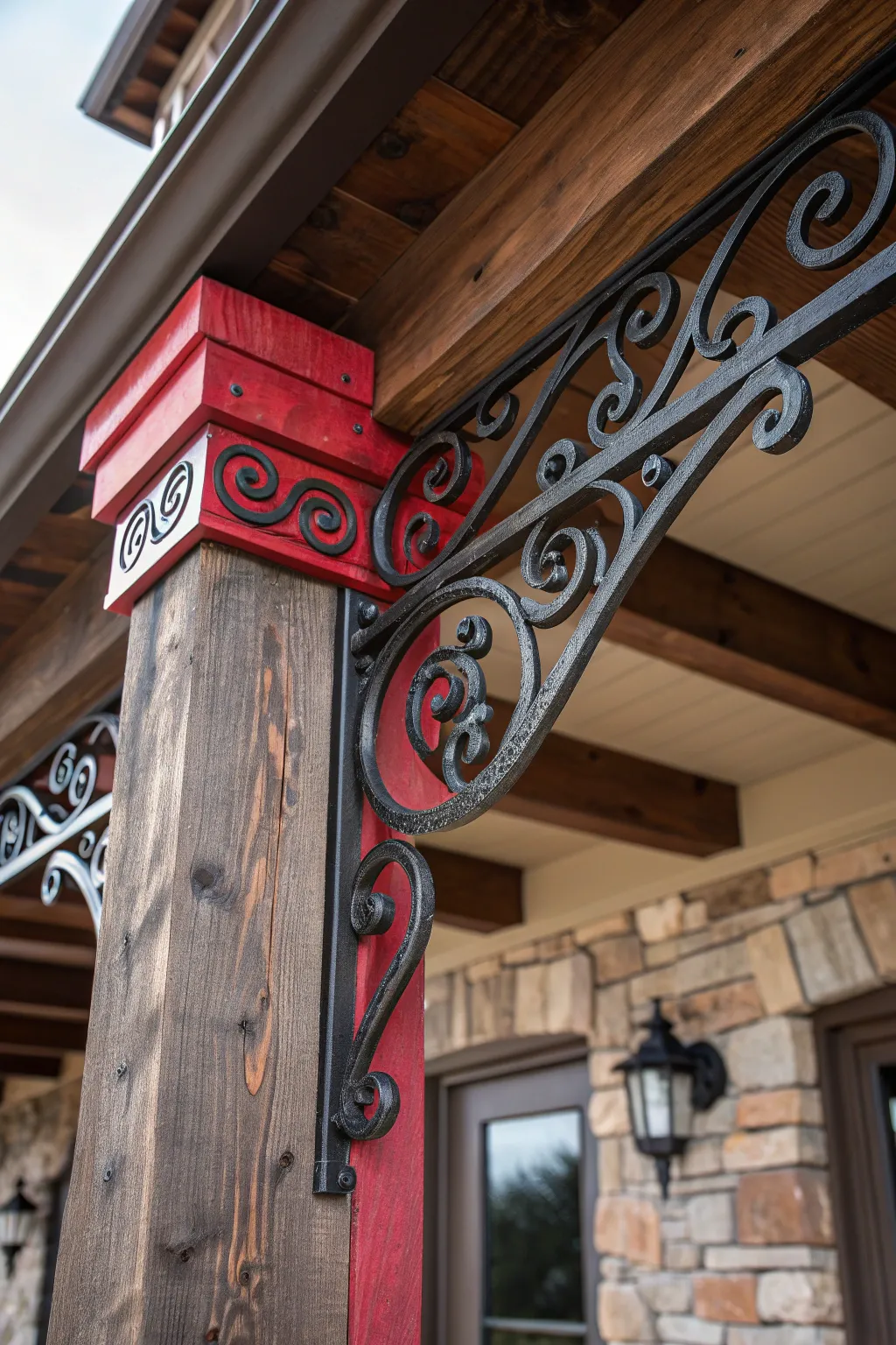 Elevate your porch with industrial elegance: Wrought iron meets rich wood.